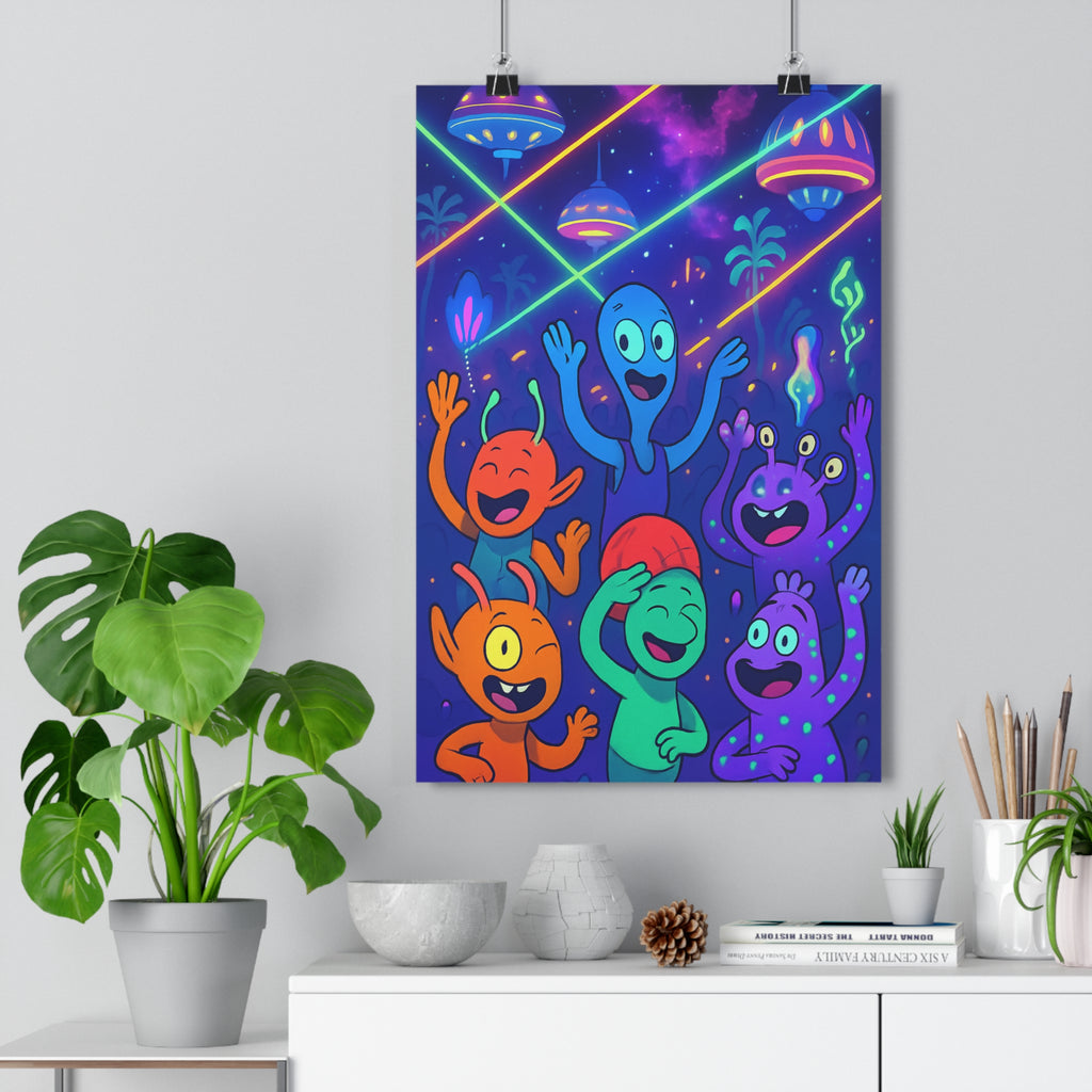 Poster décoratif cartoon néon bleu violet orange vert extraterrestre joyeux salon chambre bureau 30x46
