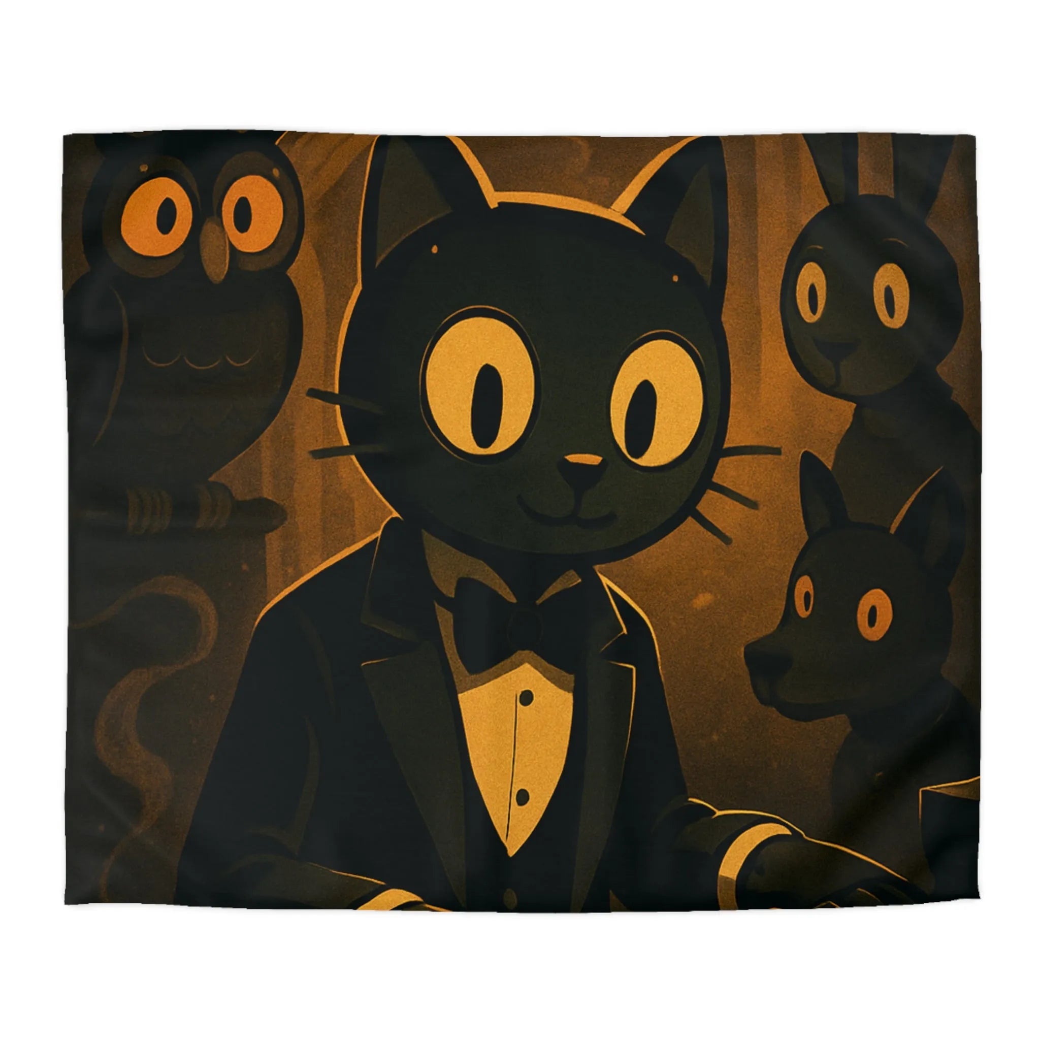 Housse de couette chat noir jouant du piano avec hibou et lapin en arrière-plan