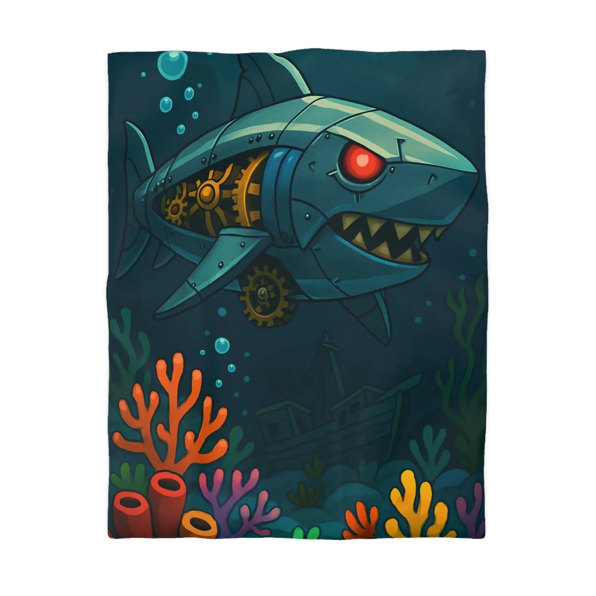 Housse de Couette Design Unique avec Requin Robot Sous-Marin et Coraux Colorés