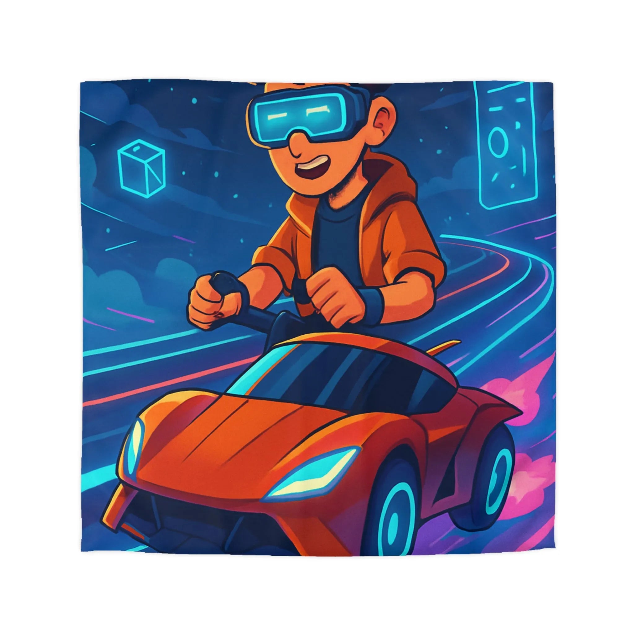 Housse de couette aventure virtuelle : joueur futuriste avec voiture de course dynamique et colorée