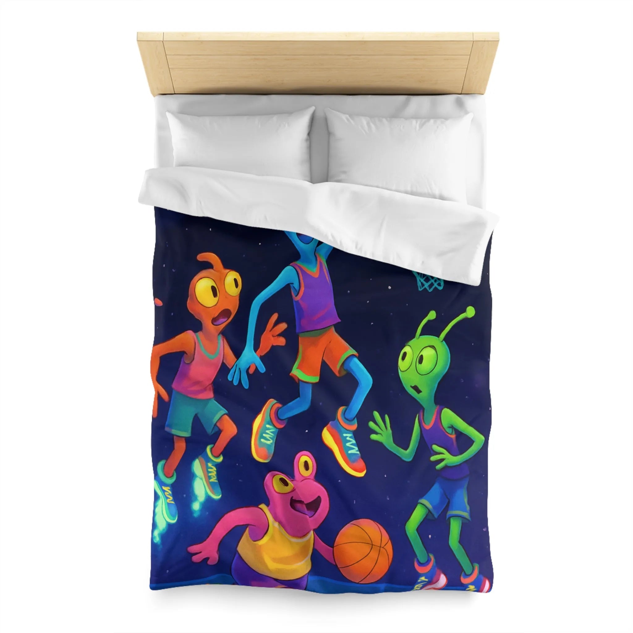 Housse de couette avec extraterrestres jouant au basket, ambiance lumineuse et amusante