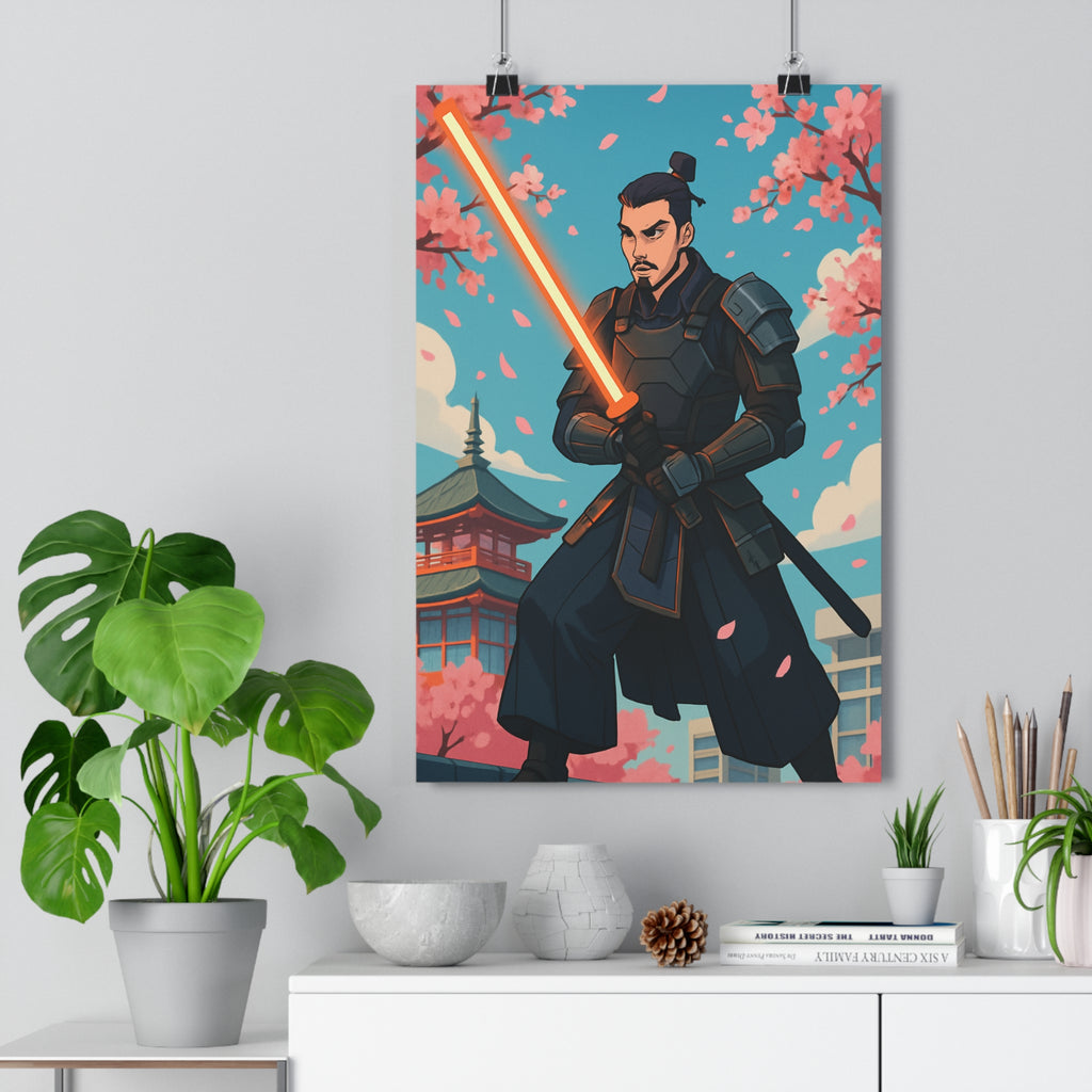 Poster décoratif moderne samouraï futuriste armure sabre lumineux fleurs cerisier bleu dynamique animé salon
