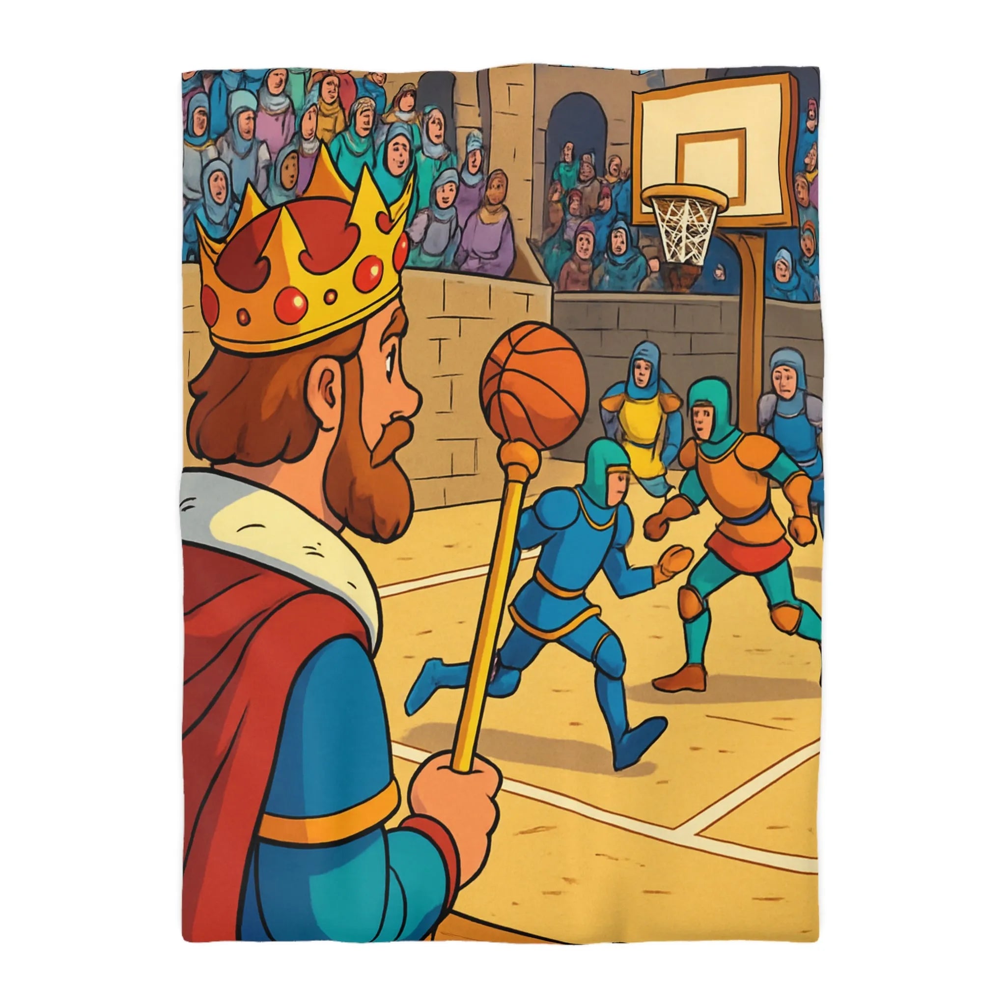 Housse de couette médiévale originale avec chevaliers jouant au basket dans un château