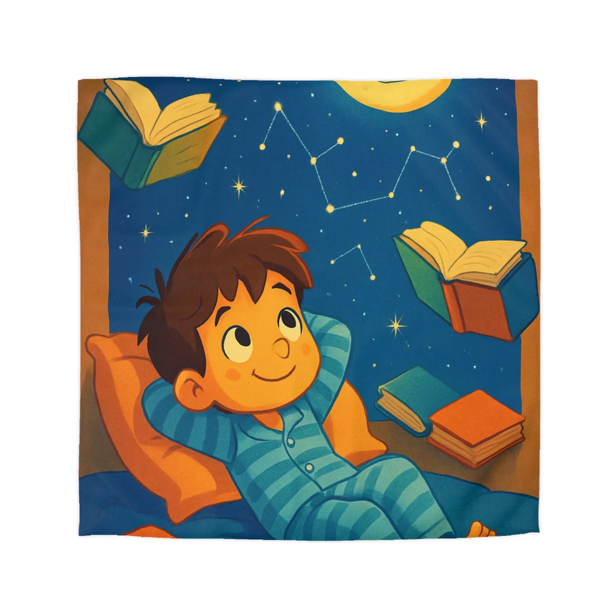 Housse de couette enfant étoilée avec lune et livres flottants pour doux rêves