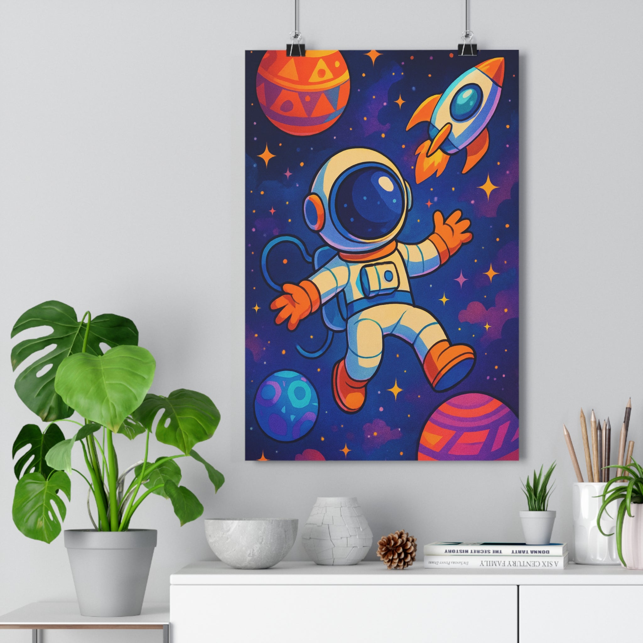 Poster décoratif astronaute orange blanc cartoon espace enfant aventure chambre magique futuriste étoilé vibrant