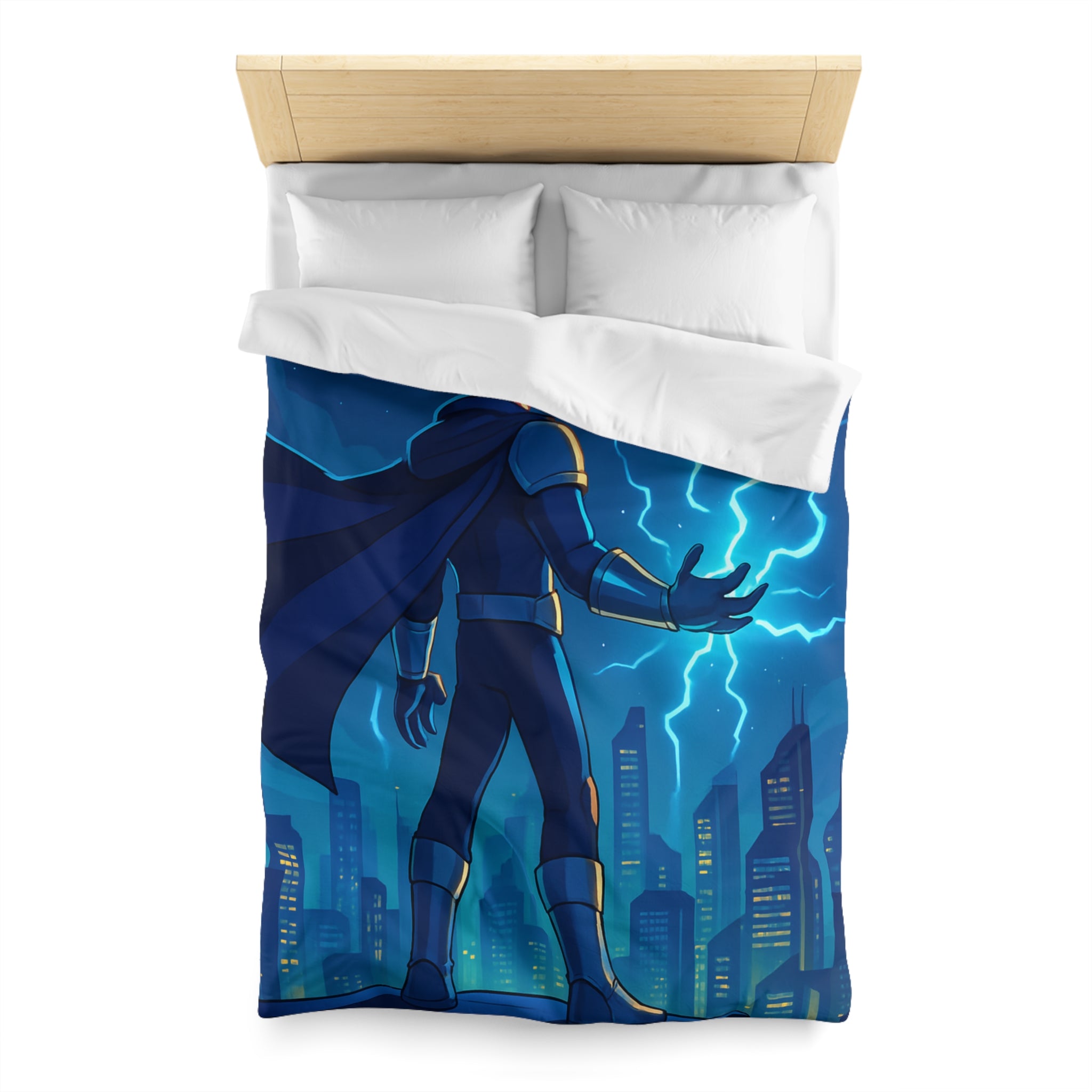 Housse de couette super-héros nocturne avec pouvoirs électriques et drones futuristes urbains