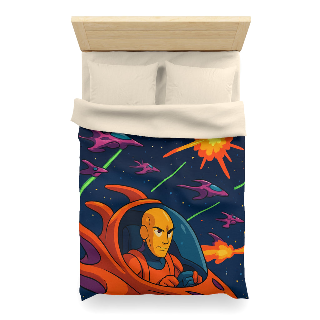 Housse de couette style rétro avec vaisseaux spatiaux et astéroïdes en explosion