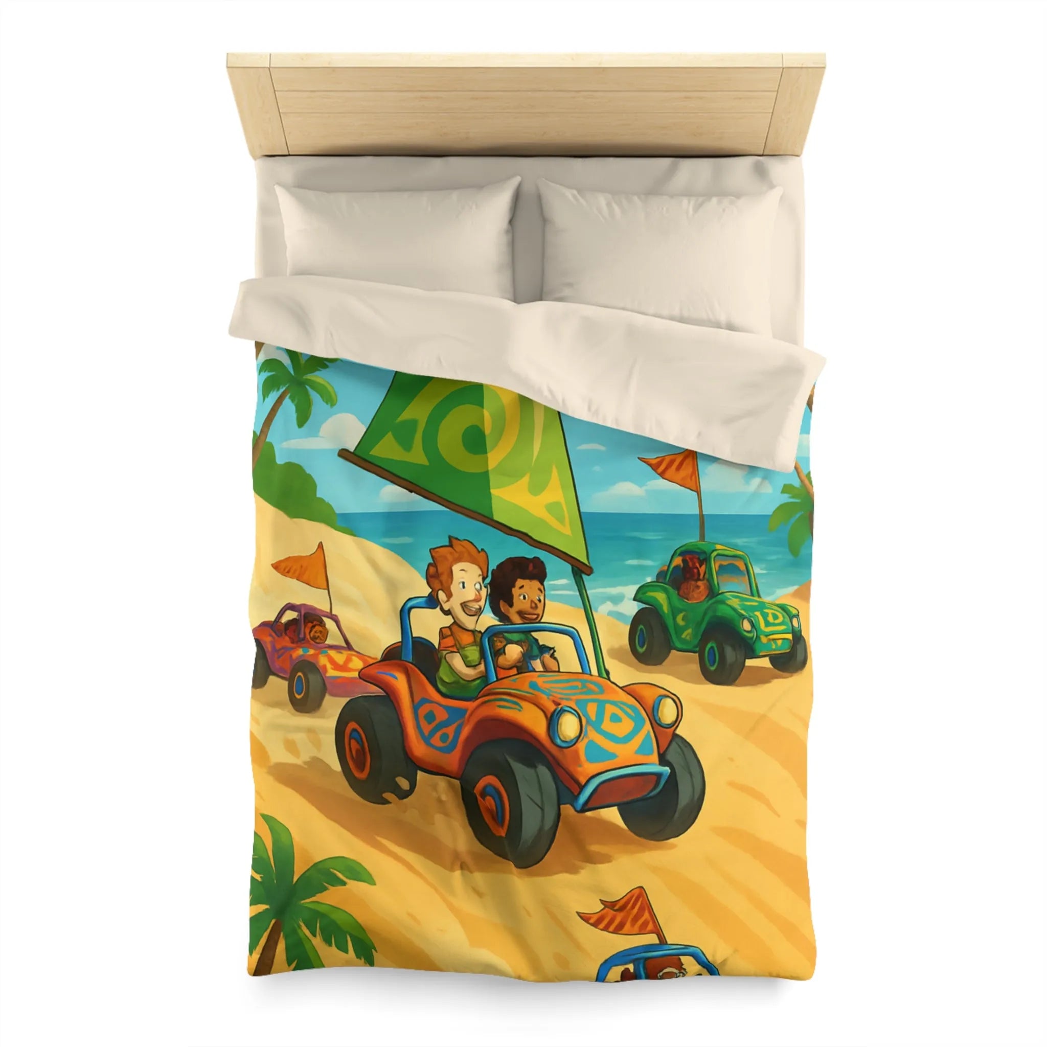 Housse de couette colorée avec motif voitures de plage et palmiers tropicaux