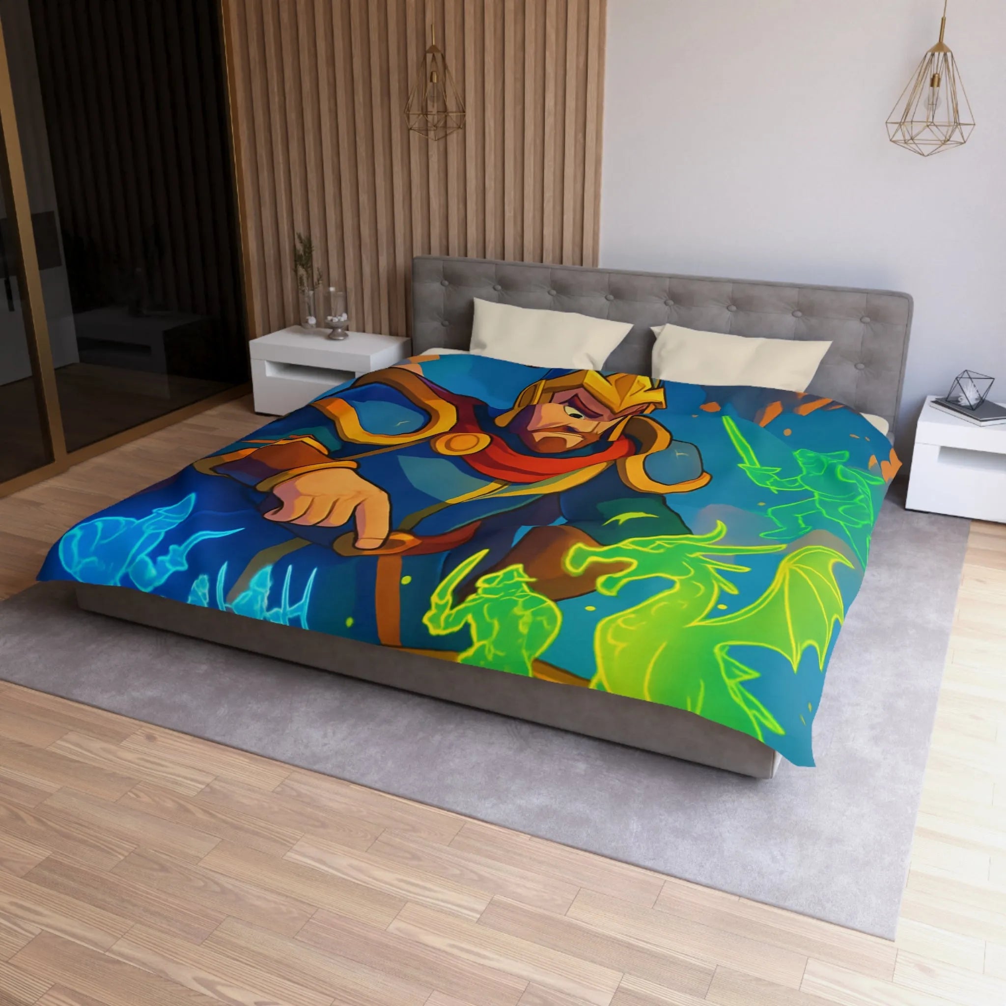 Housse de couette épique guerriers médiévaux et dragon sur plateau de jeu fantastique