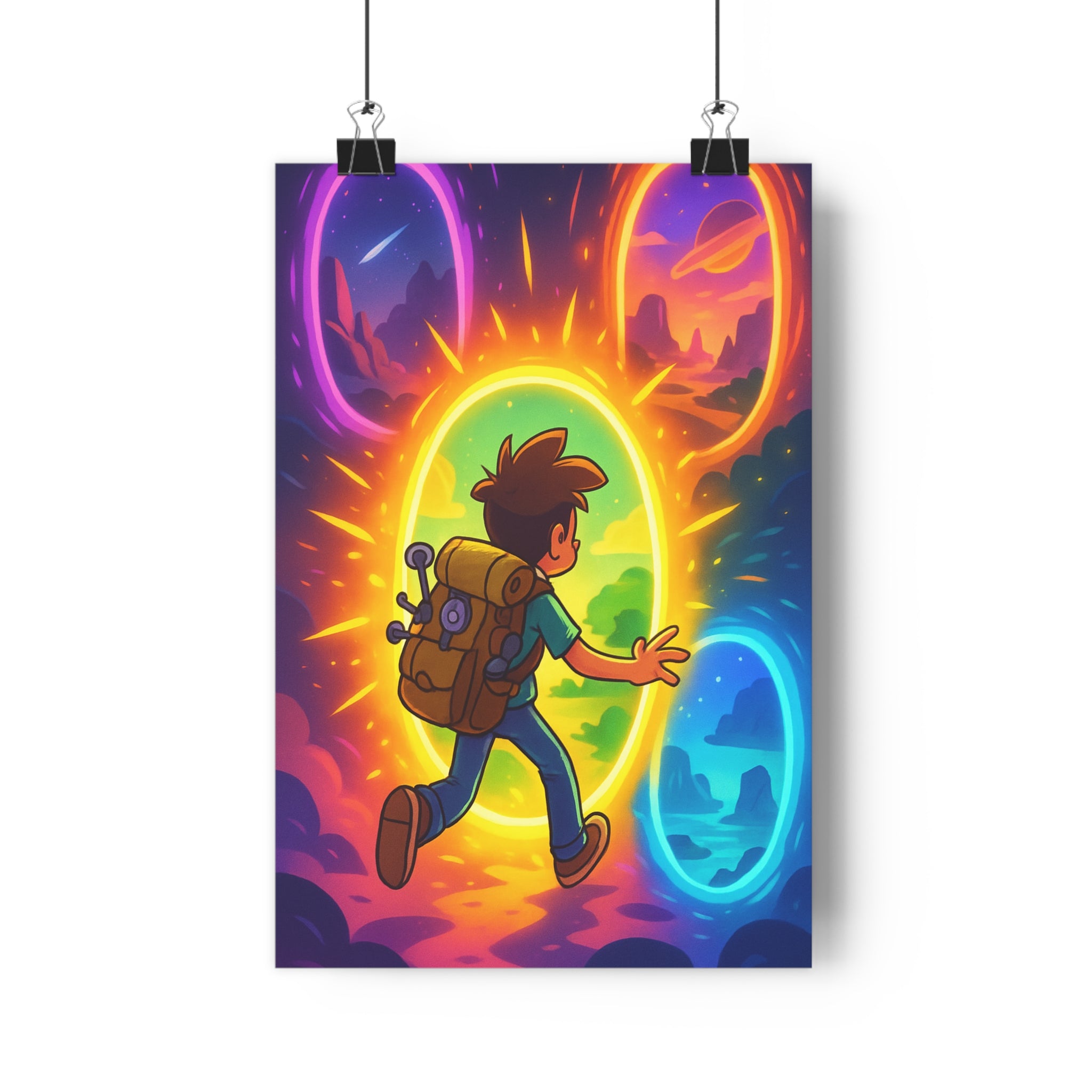 Poster décoratif aventure anime coloré jaune bleu violet orange chambre salon dynamique enfant exploration