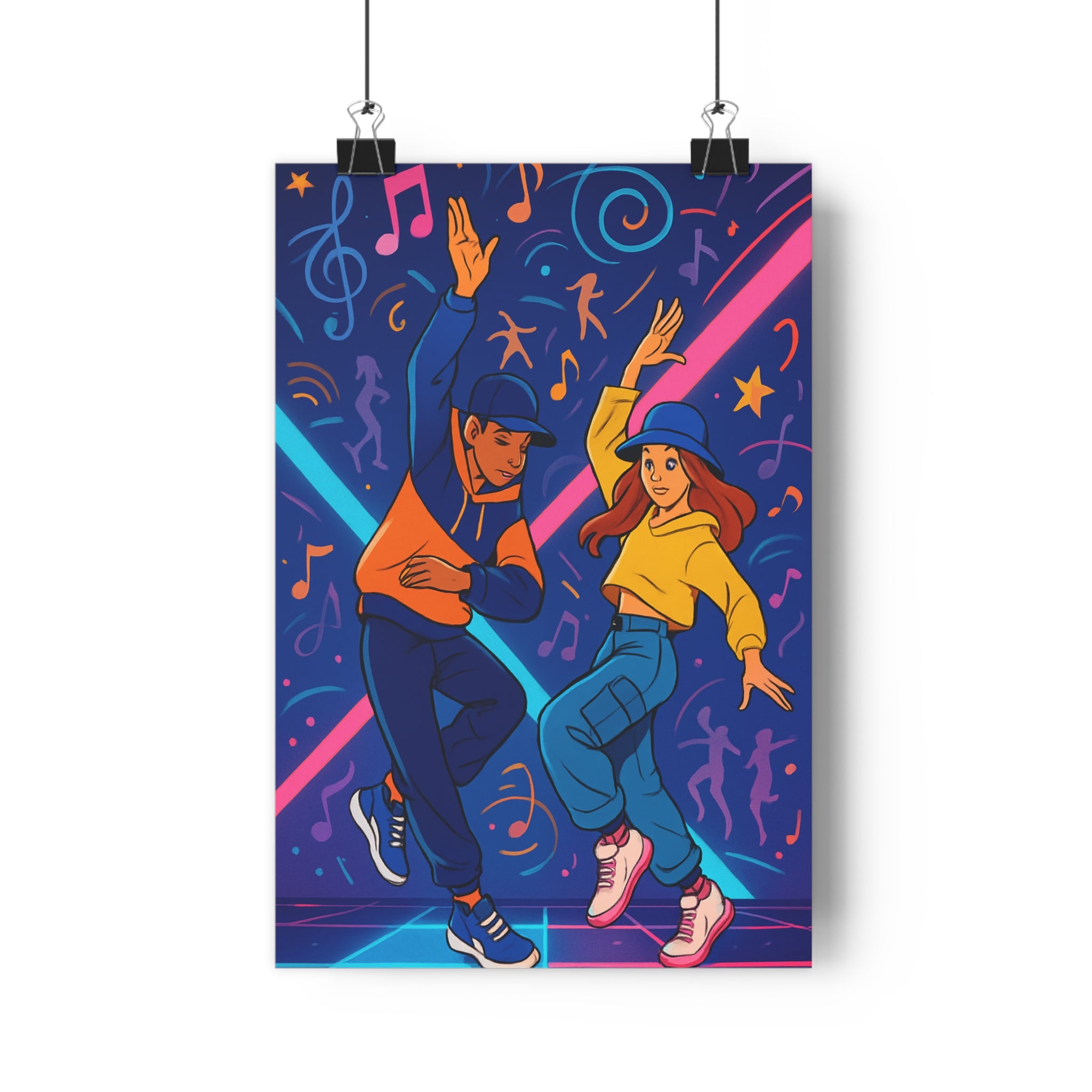 Poster décoratif moderne dynamique bleu vibrant danseurs lumineux salon chambre énergie festive tendance captivant