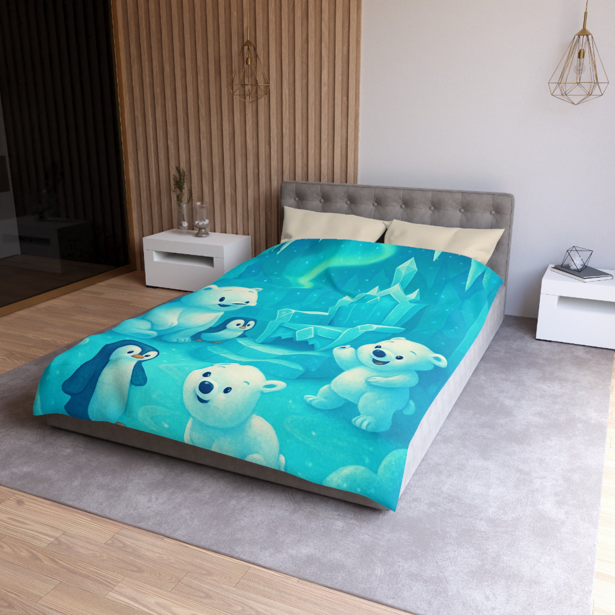 Housse de couette polaire avec ours et pingouins dans royaume glacial féerique