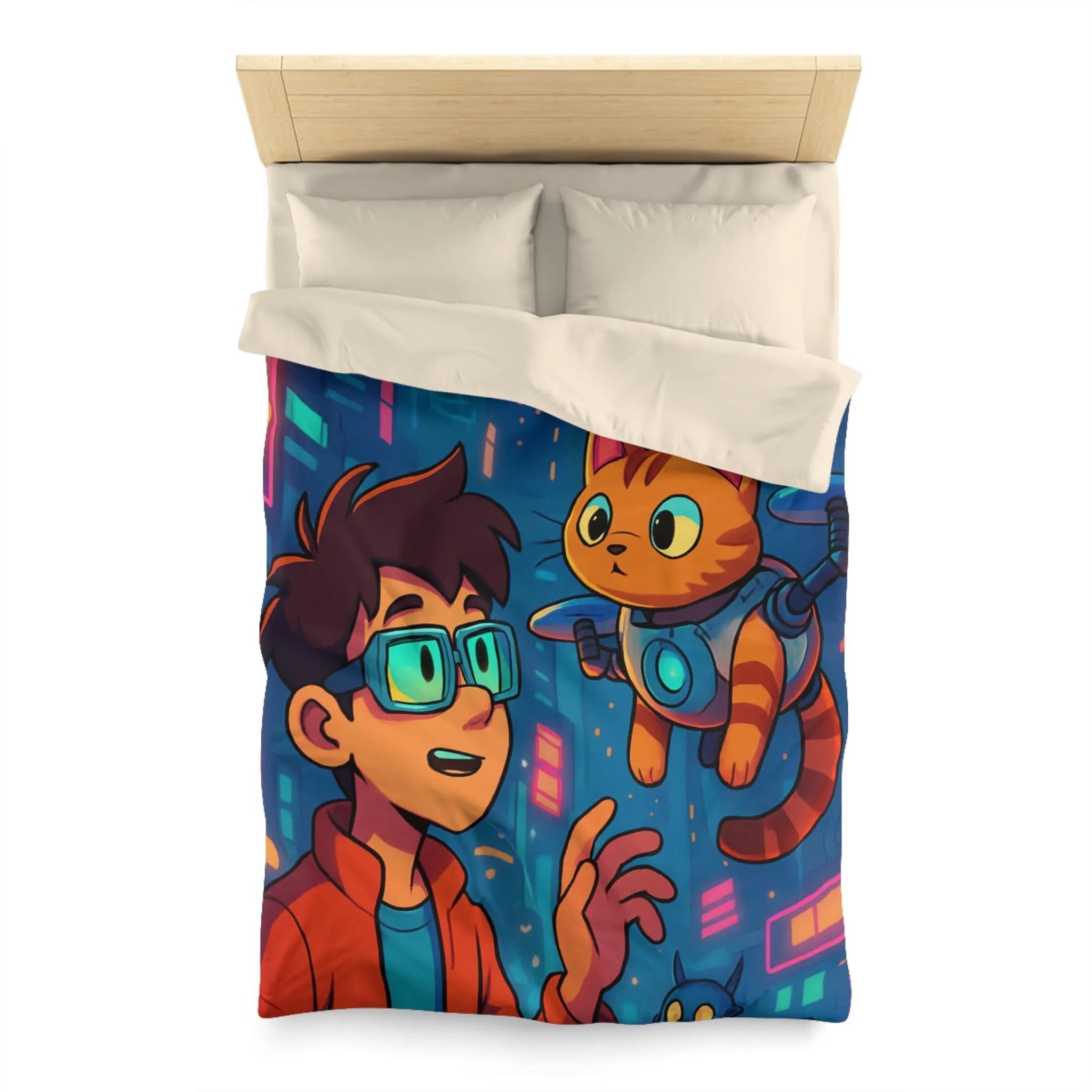 Housse de couette enfants style futuriste avec garçon et chat dans ville cyber