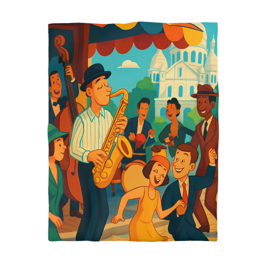 Housse de couette vintage avec scène de musique jazz animée et danse joyeuse