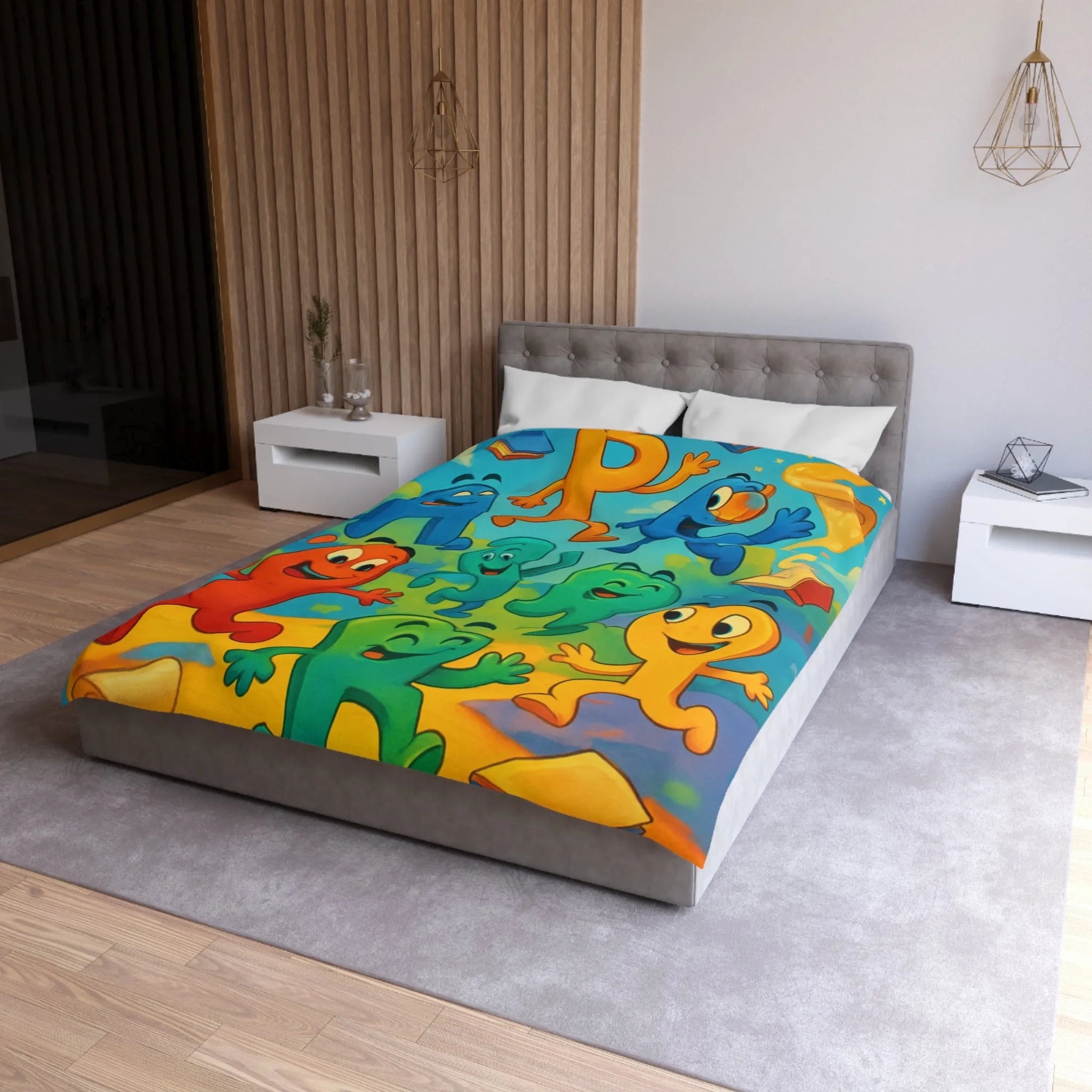 Housse de couette colorée avec lettres animées dans un paysage ludique et éducatif