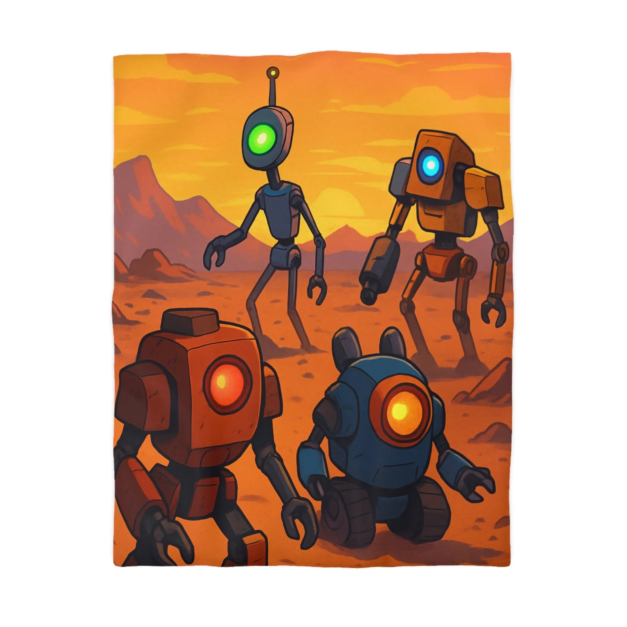 Housse de couette avec robots colorés dans un paysage désertique au coucher du soleil