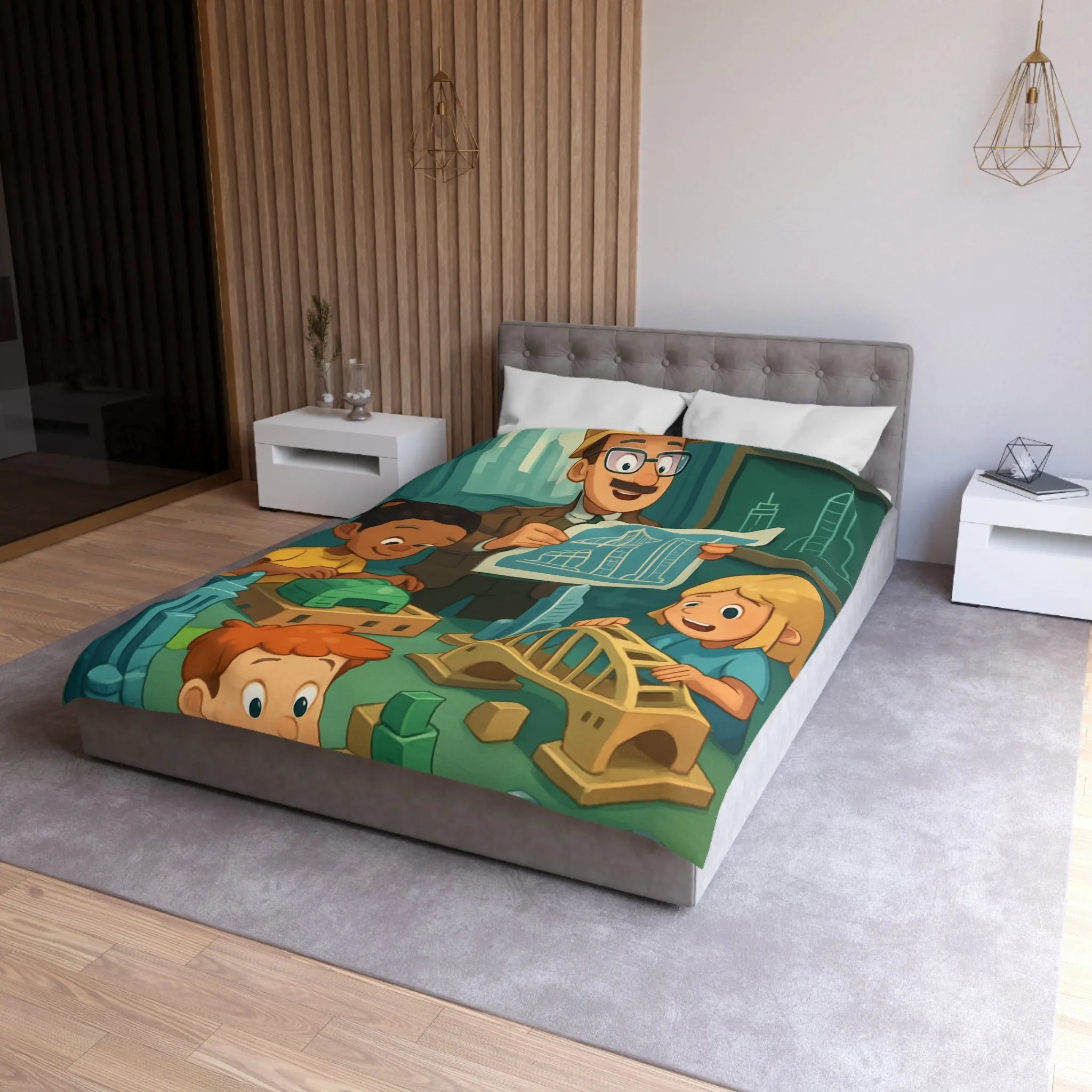 Housse de Couette Enfants Illustrant Un Atelier de Construction Ludique et Éducatif