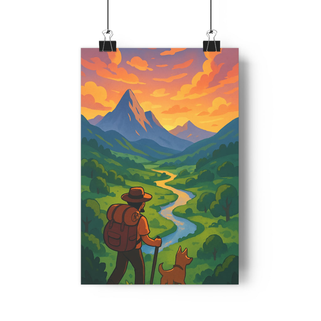 Poster décoratif paysage aventure dessin animé coloré montagne coucher de soleil chambre bureau tendance