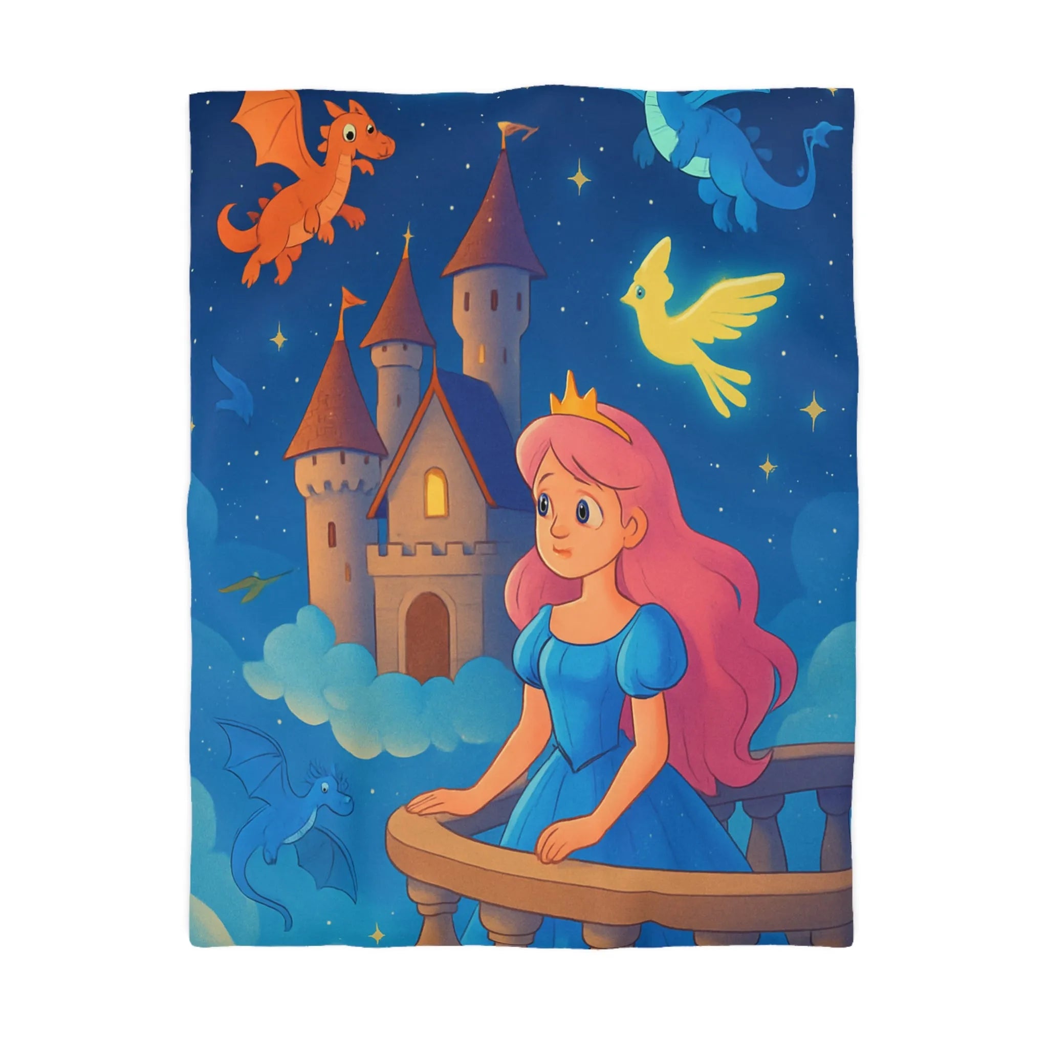 Housse de Couette Enfant Représentant Princesse et Dragons dans un Ciel Nocturne Magique