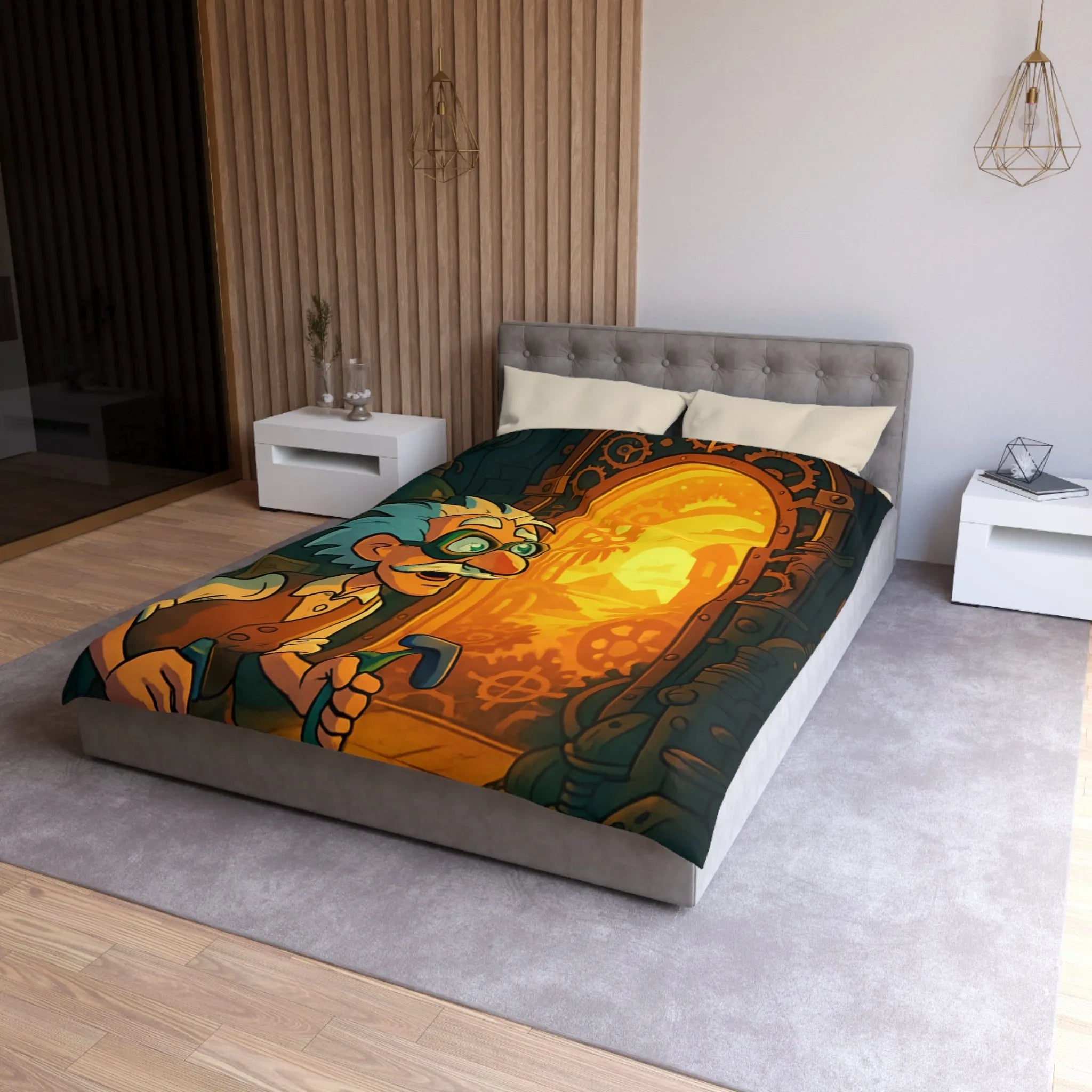 Housse de couette avec professeur inventeur et porte mystérieuse aux teintes orangées