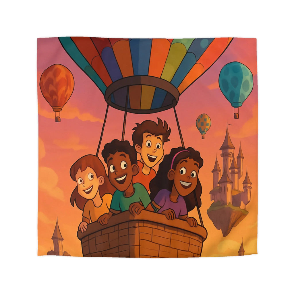 Housse de couette colorée avec enfants dans montgolfière et château en arrière-plan