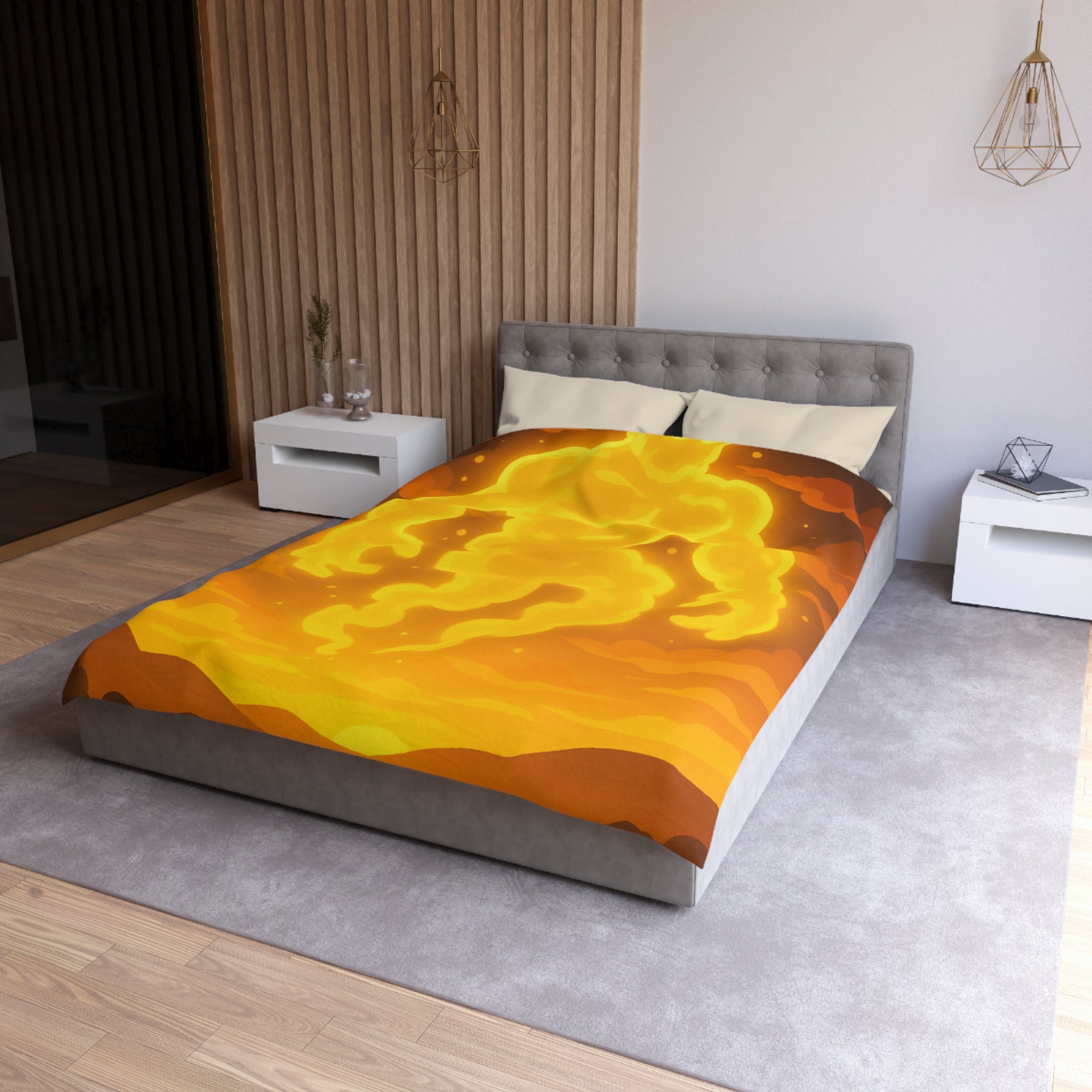 Vision onirique d'un géant flamboyant illuminant un paysage crépusculaire surréaliste en jaune