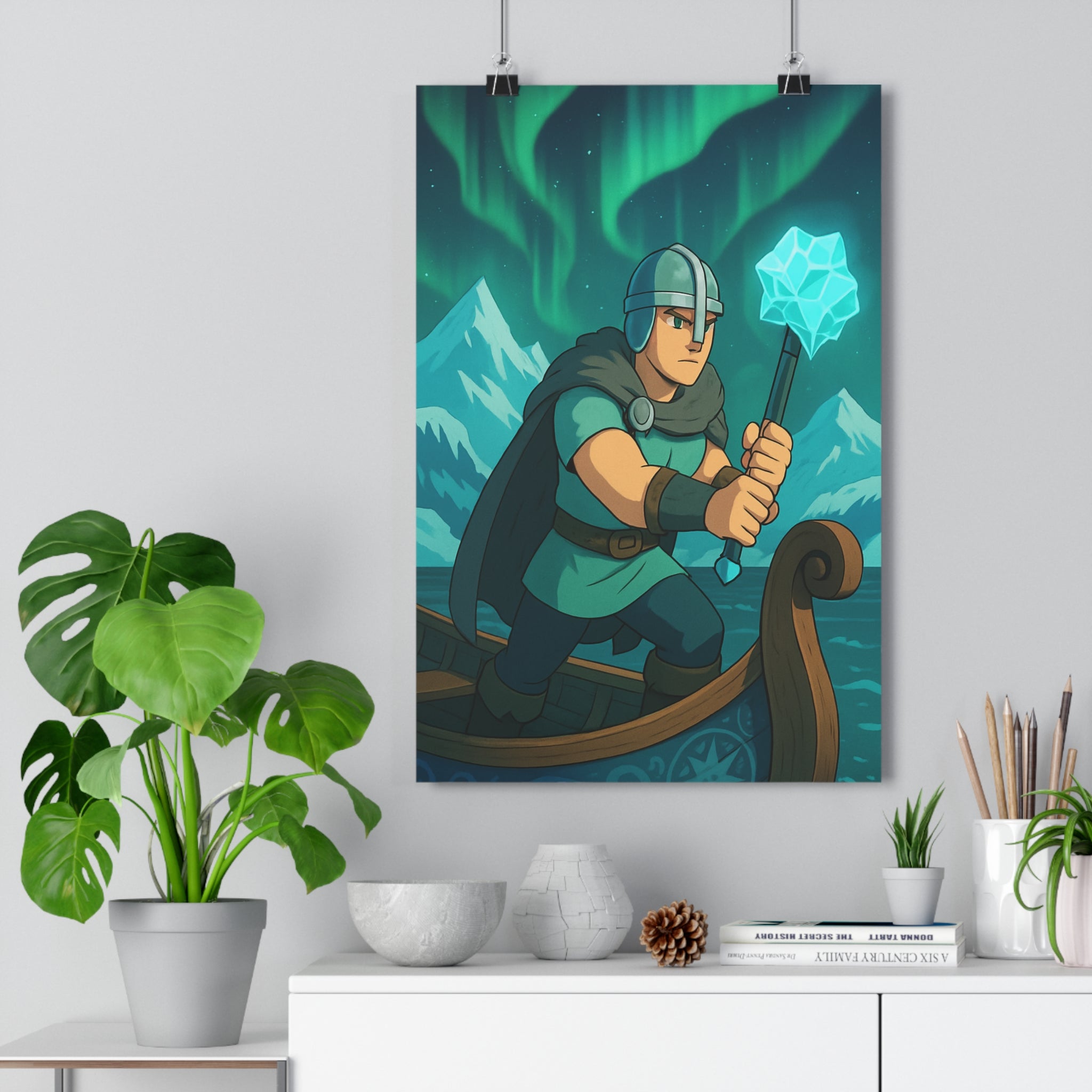 Poster décoratif viking épique cartoon bleu vert mystique aventure chambre bureau format 30x46 qualité