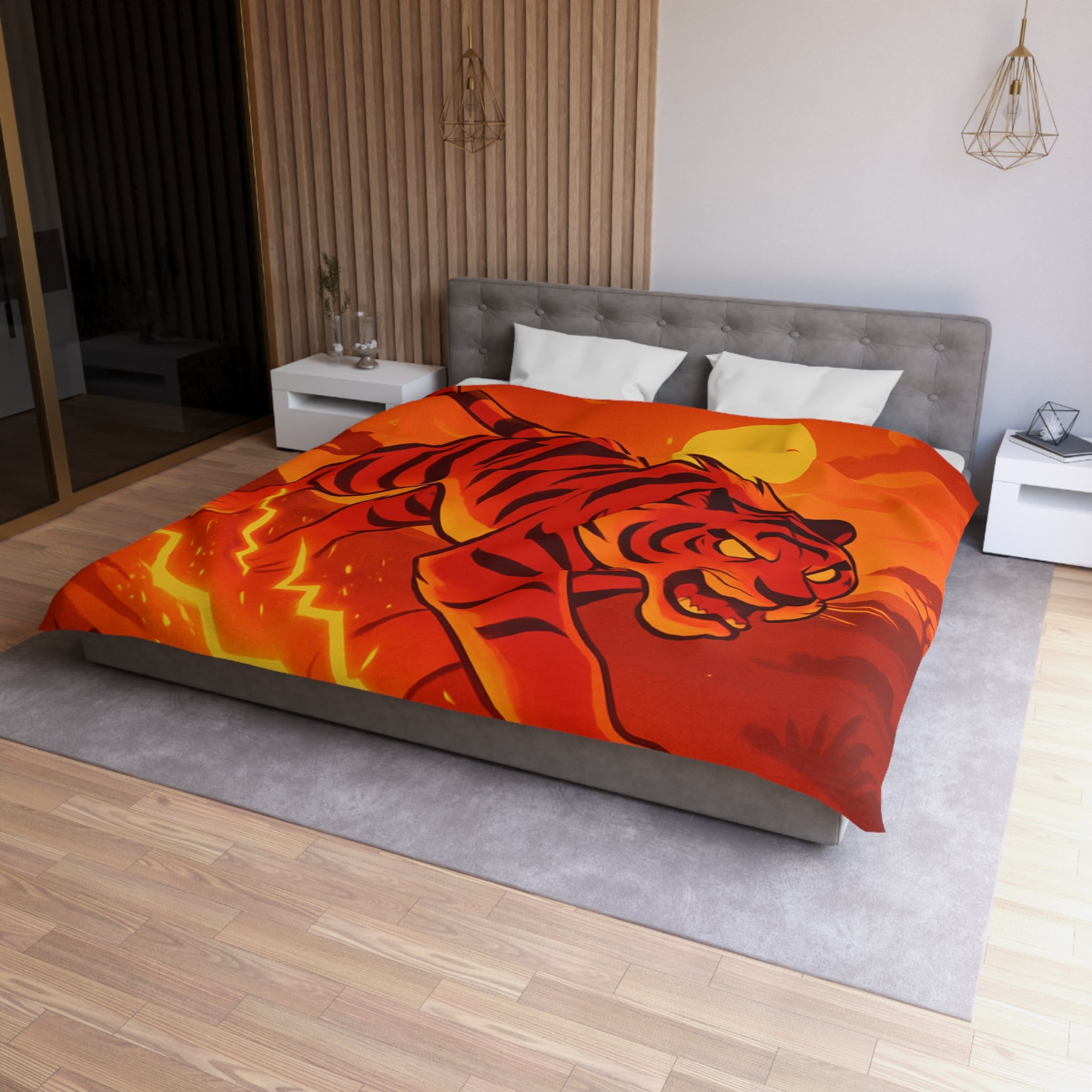 Housse de couette tigre dynamique avec coucher de soleil flamboyant en arrière-plan vibrant