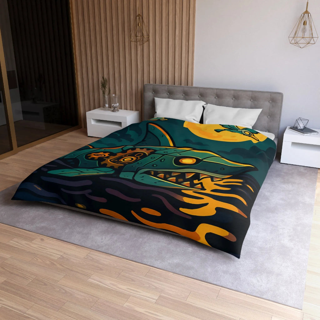 Housse de couette colorée avec requin mécanique sous lune dorée et oiseaux stylisés