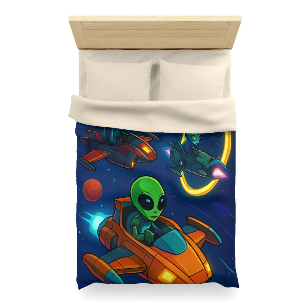 Housse de Couette avec Motifs d'Aliens en Course Spatiale et Anneaux Lumineux