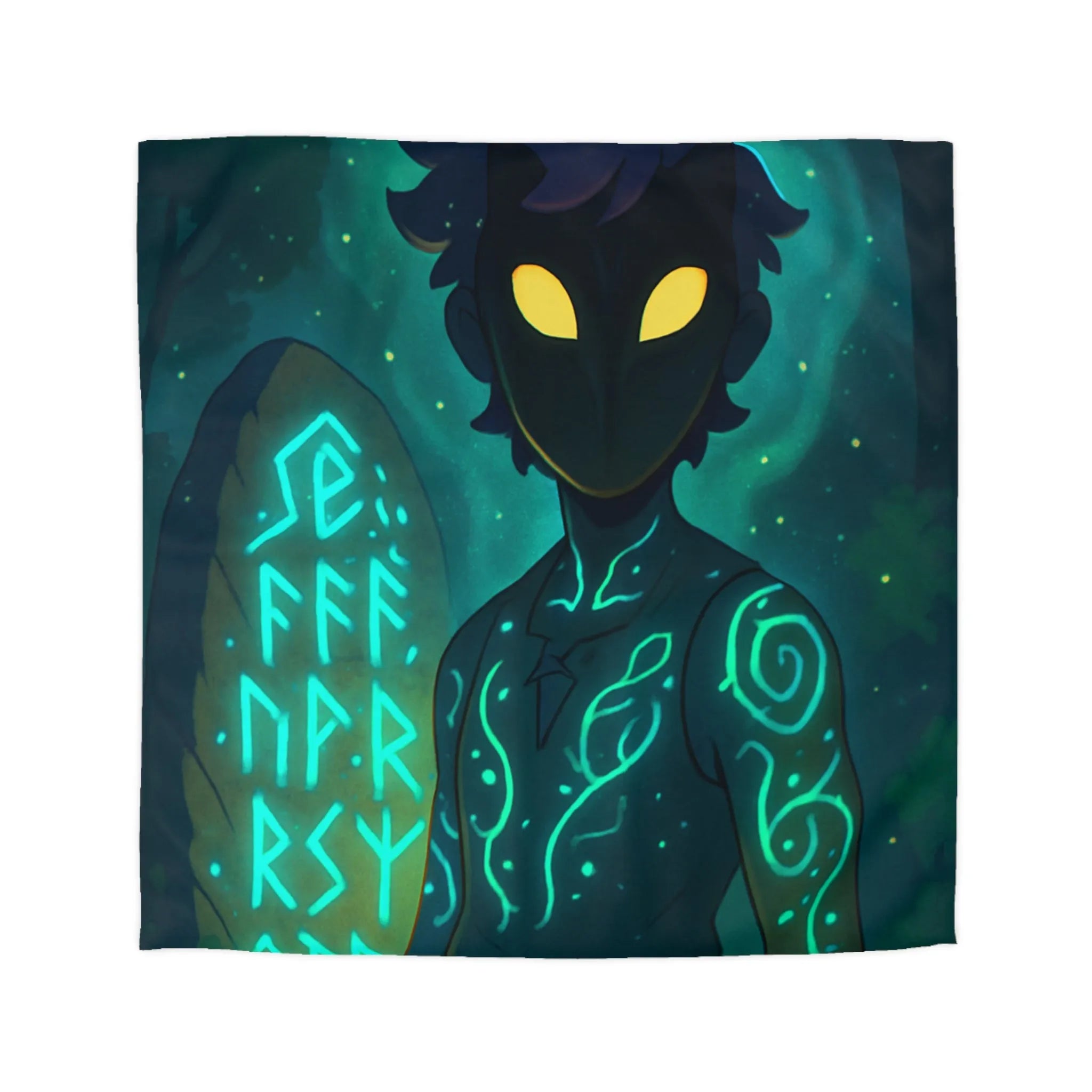 Housse de couette enchantée avec personnage masqué et runes dans une forêt mystique