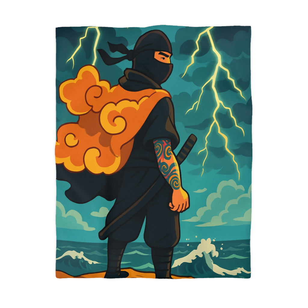 Housse de couette ninja contemplatif sur falaise, orage aux éclairs dramatiques