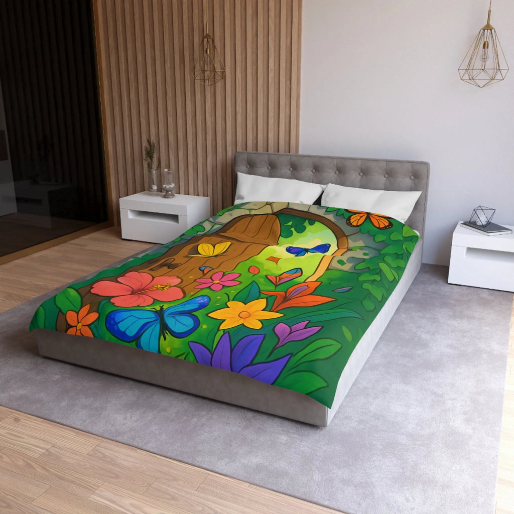 Housse de couette avec papillons colorés et fleurs devant porte de jardin enchanté