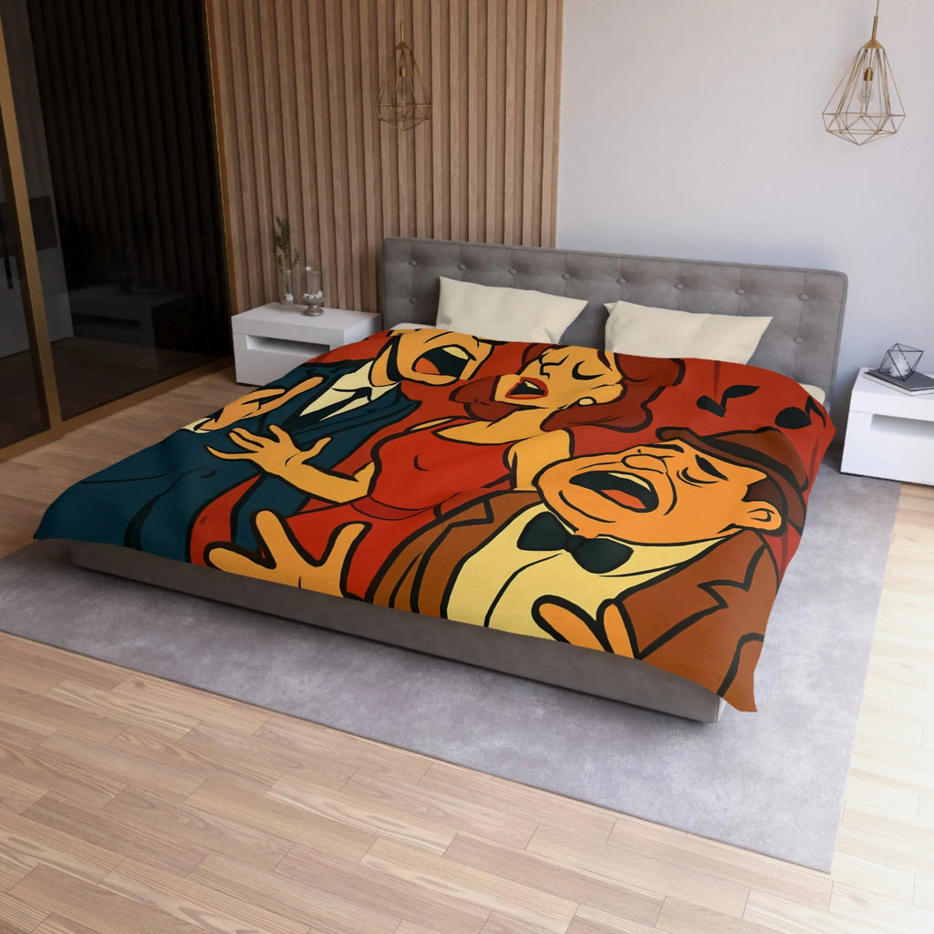 Ensemble vocal vintage animé exubérant, scène musicale rétro avec fond rouge et notes