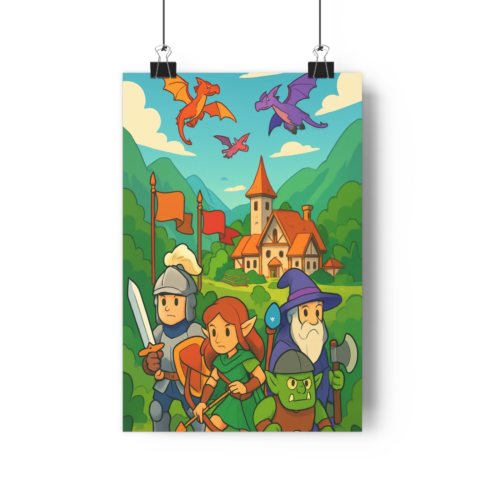 Poster décoratif fantastique animé joyeux chambre salon vibrant chevalier elfe sorcier montagne dragon château