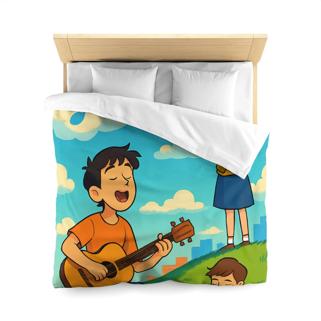 Housse de couette avec personnages chantant et lisant sur colline ensoleillée