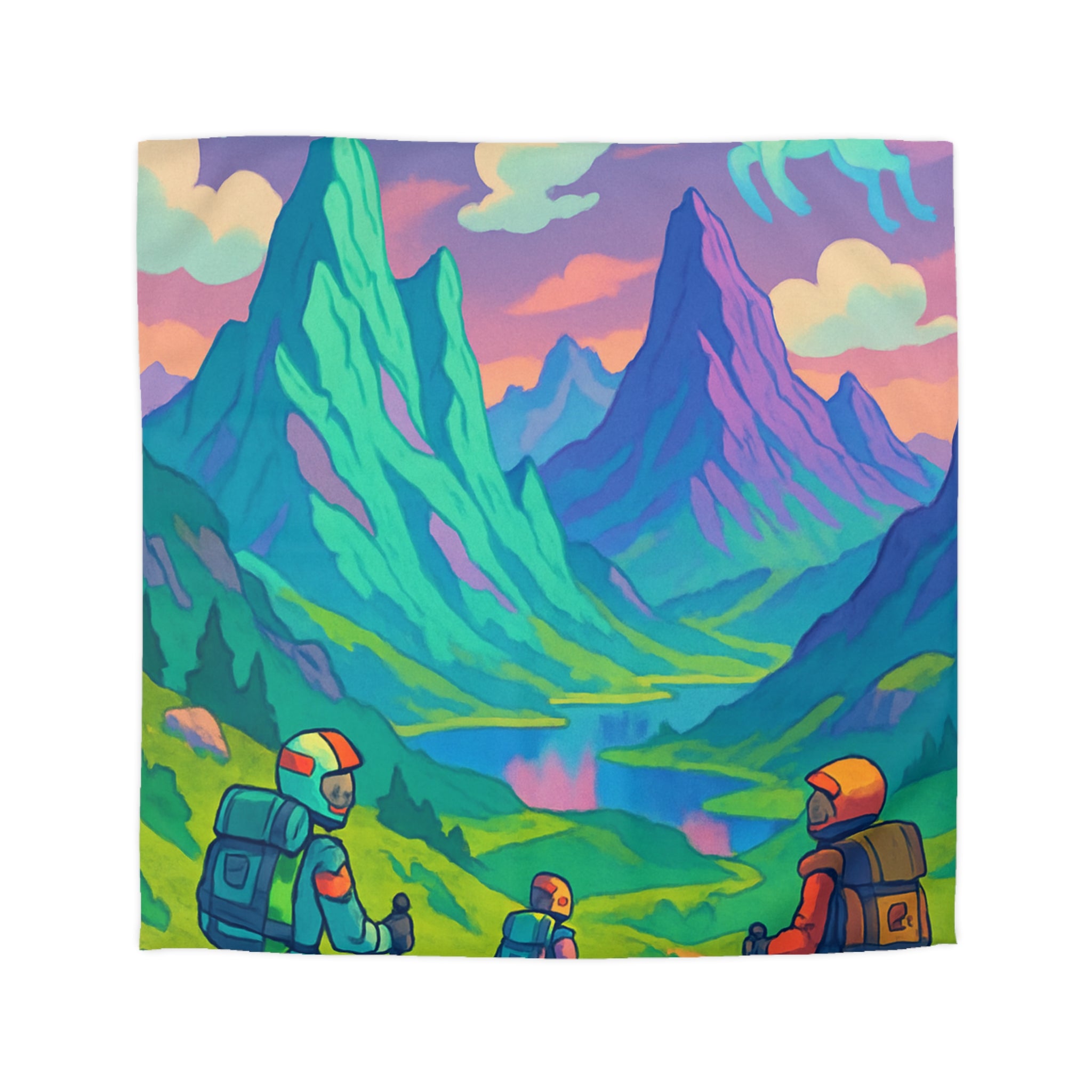 Housse de Couette Unique Montagne Randonneurs Fantaisie Animaux Nuages Enchantée Colorée