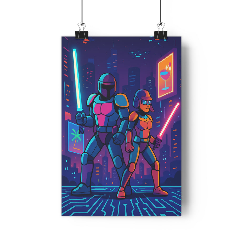 Poster décoratif futuriste bleu rose violet anime cyberpunk urbain gamer chambre épées lumineuses 30x46