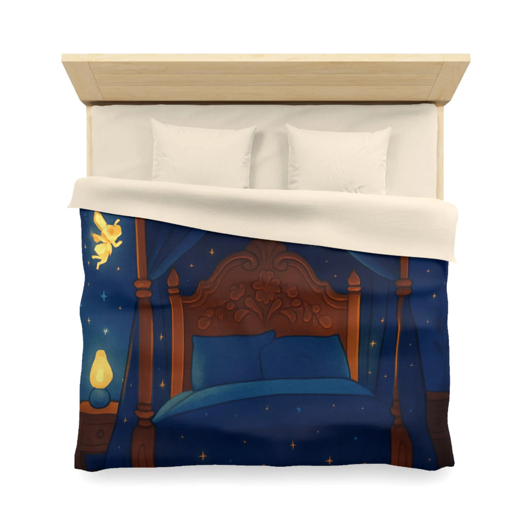 Housse de couette bleue étoilée avec fées et chat endormi, ambiance féérique