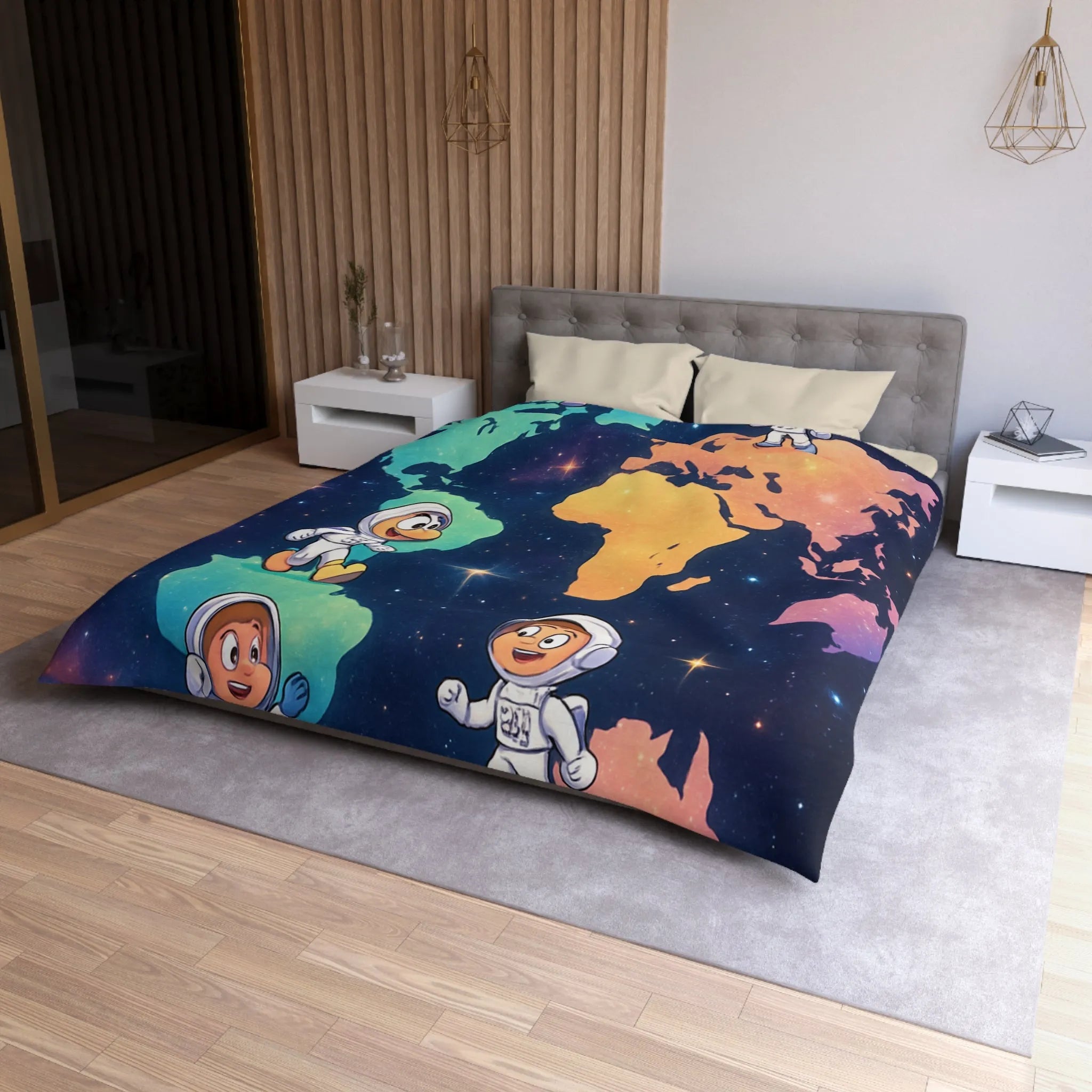 Housse de Couette Astronaute Enfantine Arc-en-Ciel Monde Spacieux Carte Terre Étoilée Cosmonautes Rêveurs