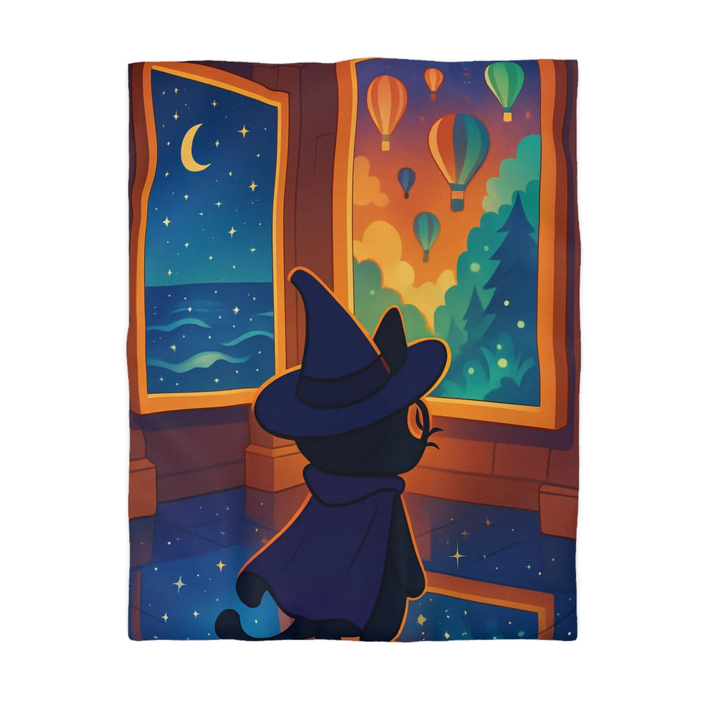 Housse de couette ambiance nocturne avec chat sorcier et paysages enchanteurs colorés