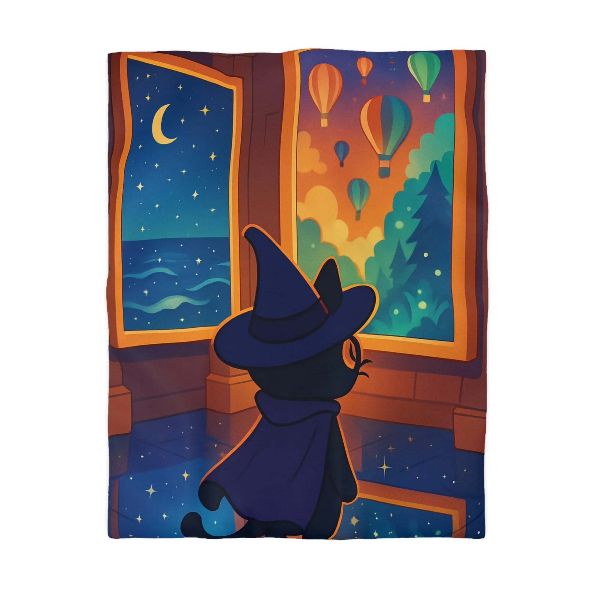 Housse de couette ambiance nocturne avec chat sorcier et paysages enchanteurs colorés