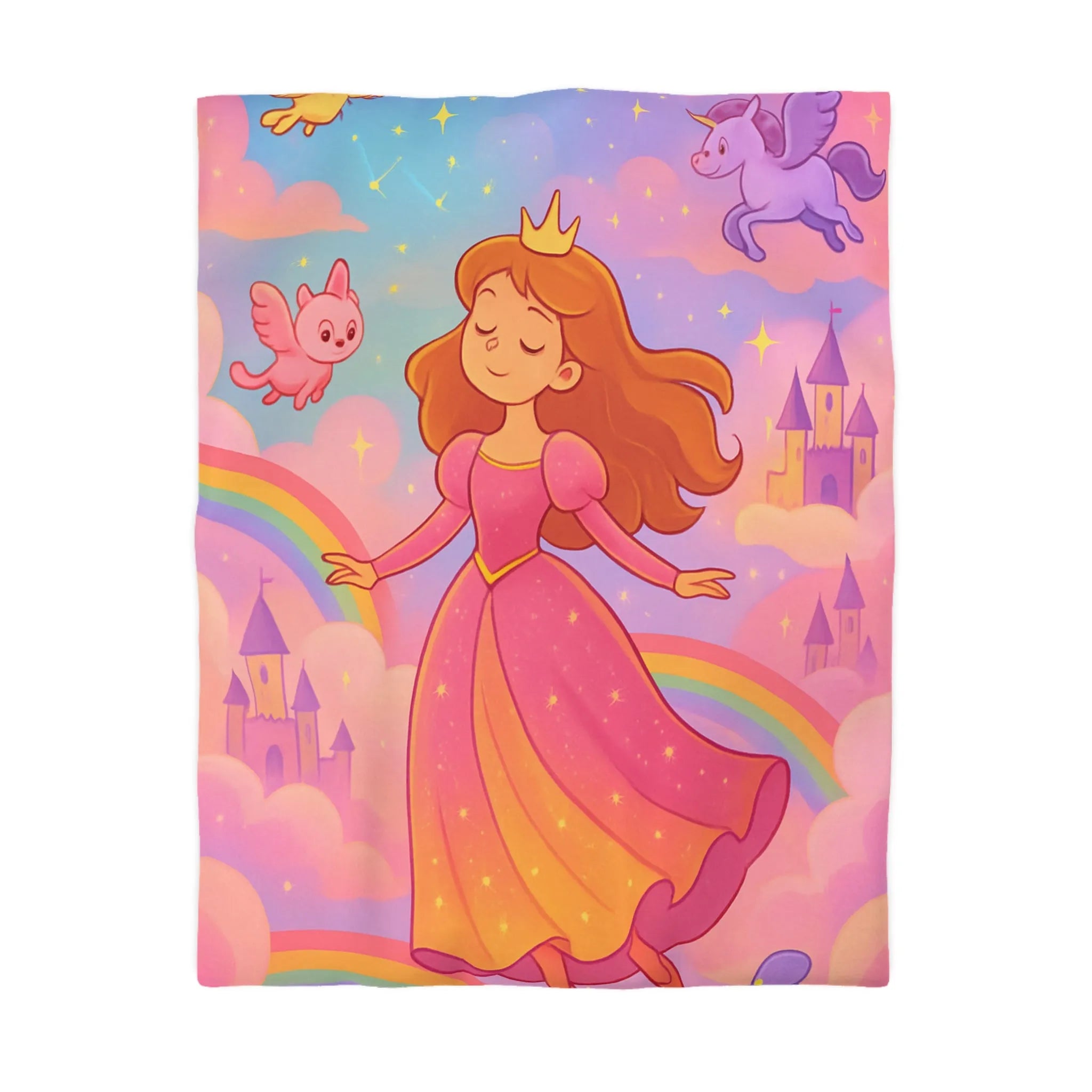 Housse de couette féerique avec princesse et animaux volants, arc-en-ciel pastel doux
