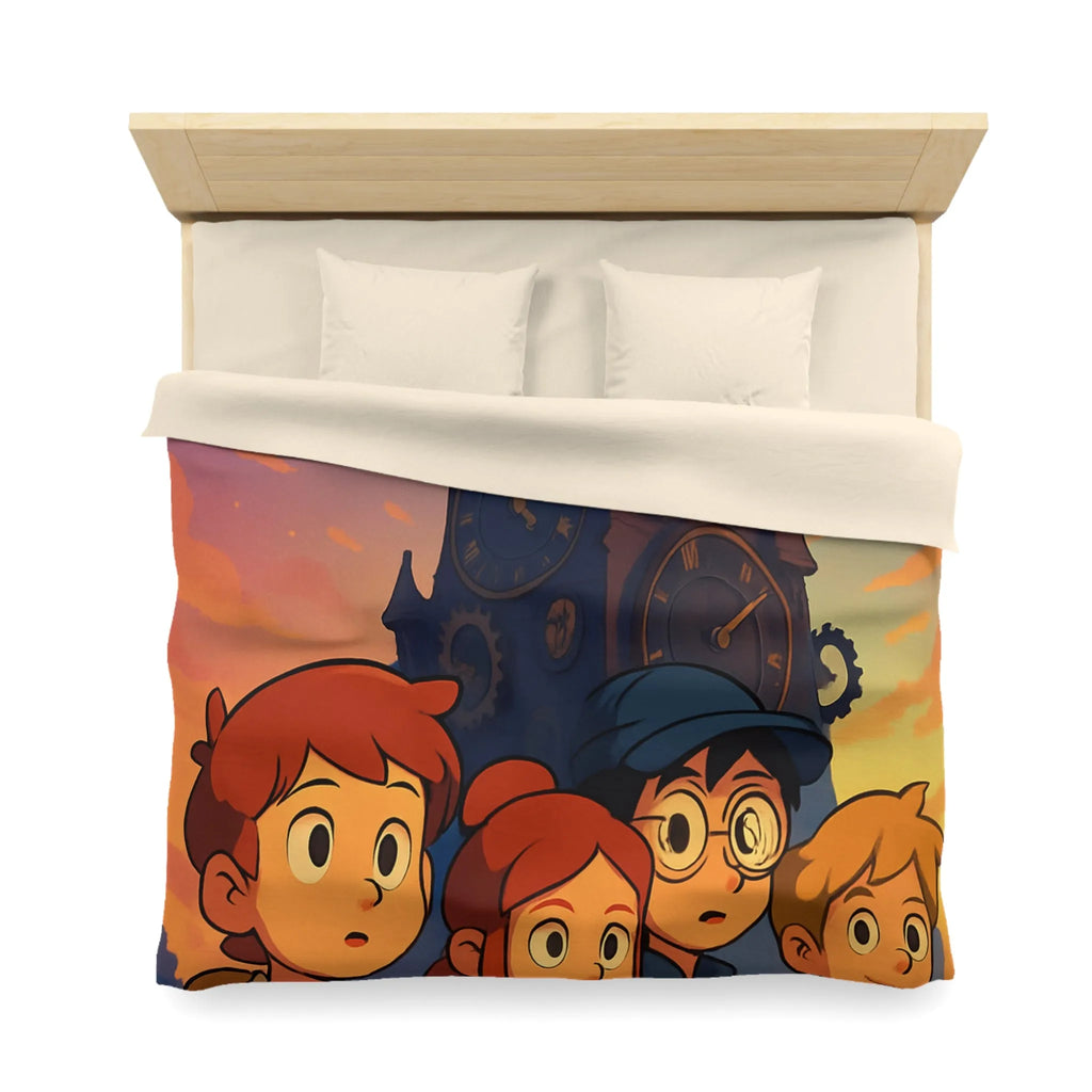 Housse de couette illustrée aventure jeunesse horloges coucher de soleil style animé vibrant
