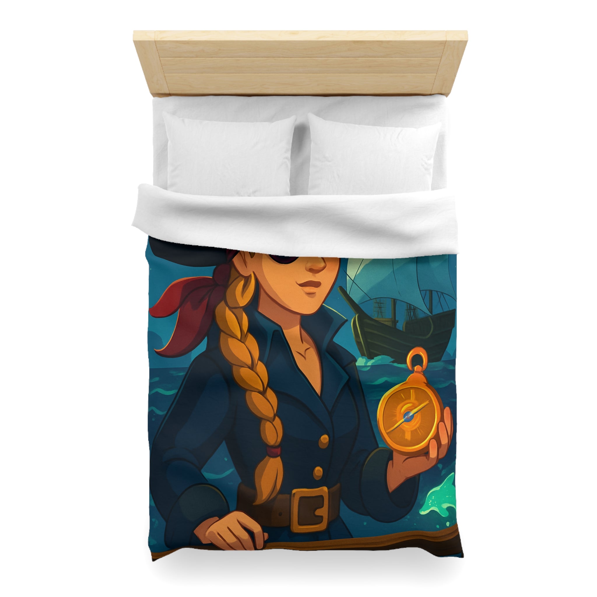 Housse de couette pirate colorée avec femme audacieuse, boussole et bateau illuminé