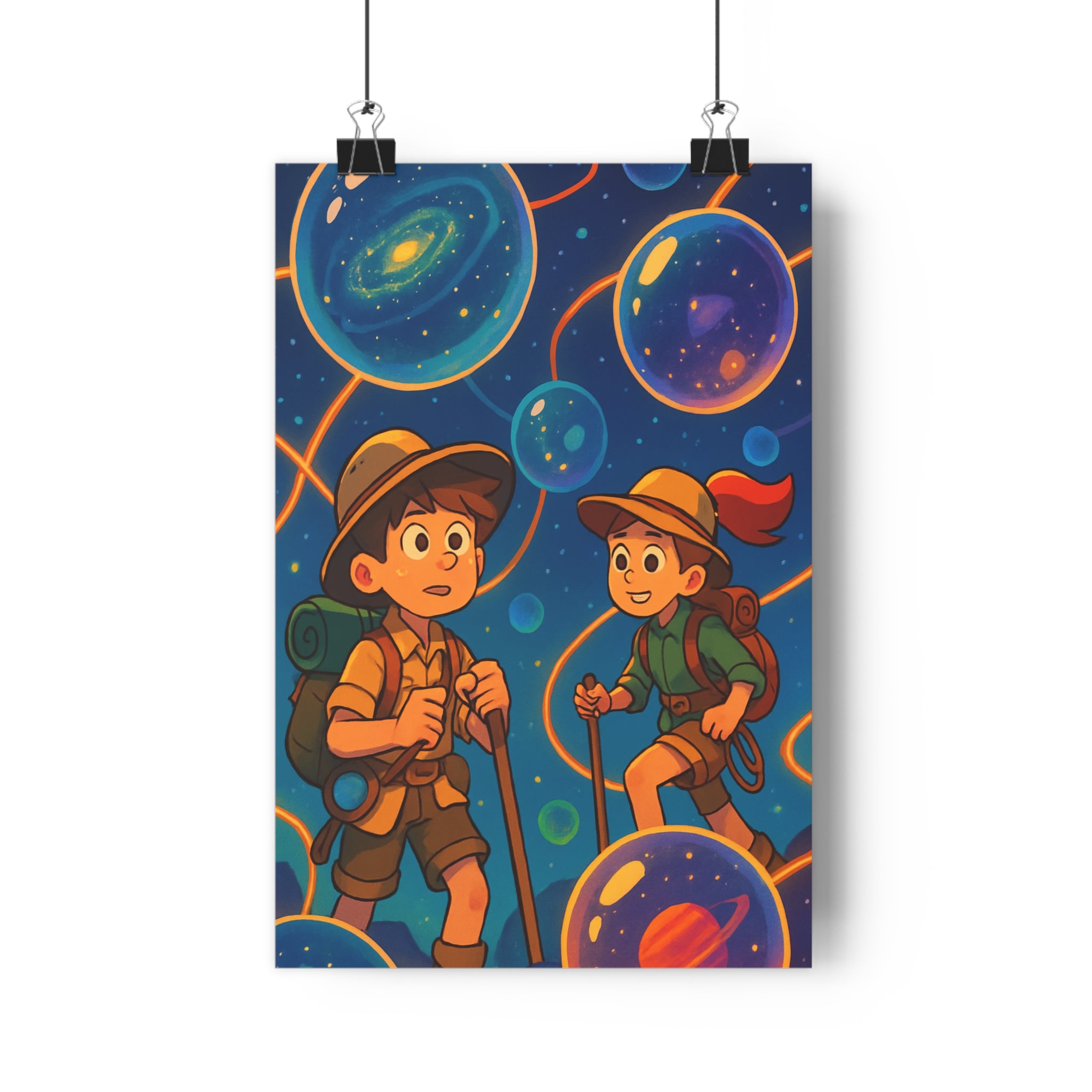 Poster décoratif aventure bleu enfant fantaisie exploration univers aventure moderne sphères galaxies créatif 30x46