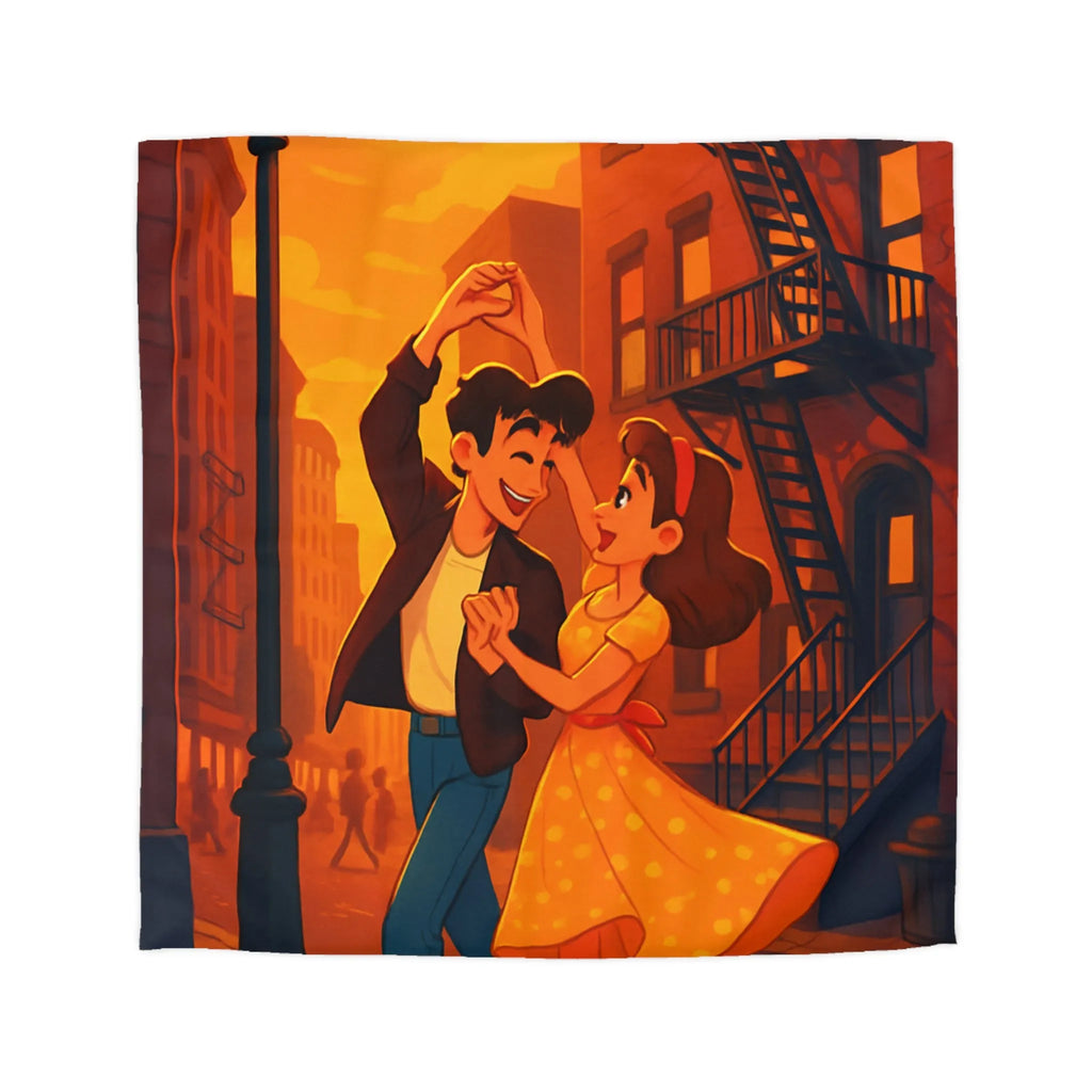 Danse romantique rétro sous réverbère vintage, ambiance urbaine crépusculaire charmante et nostalgique