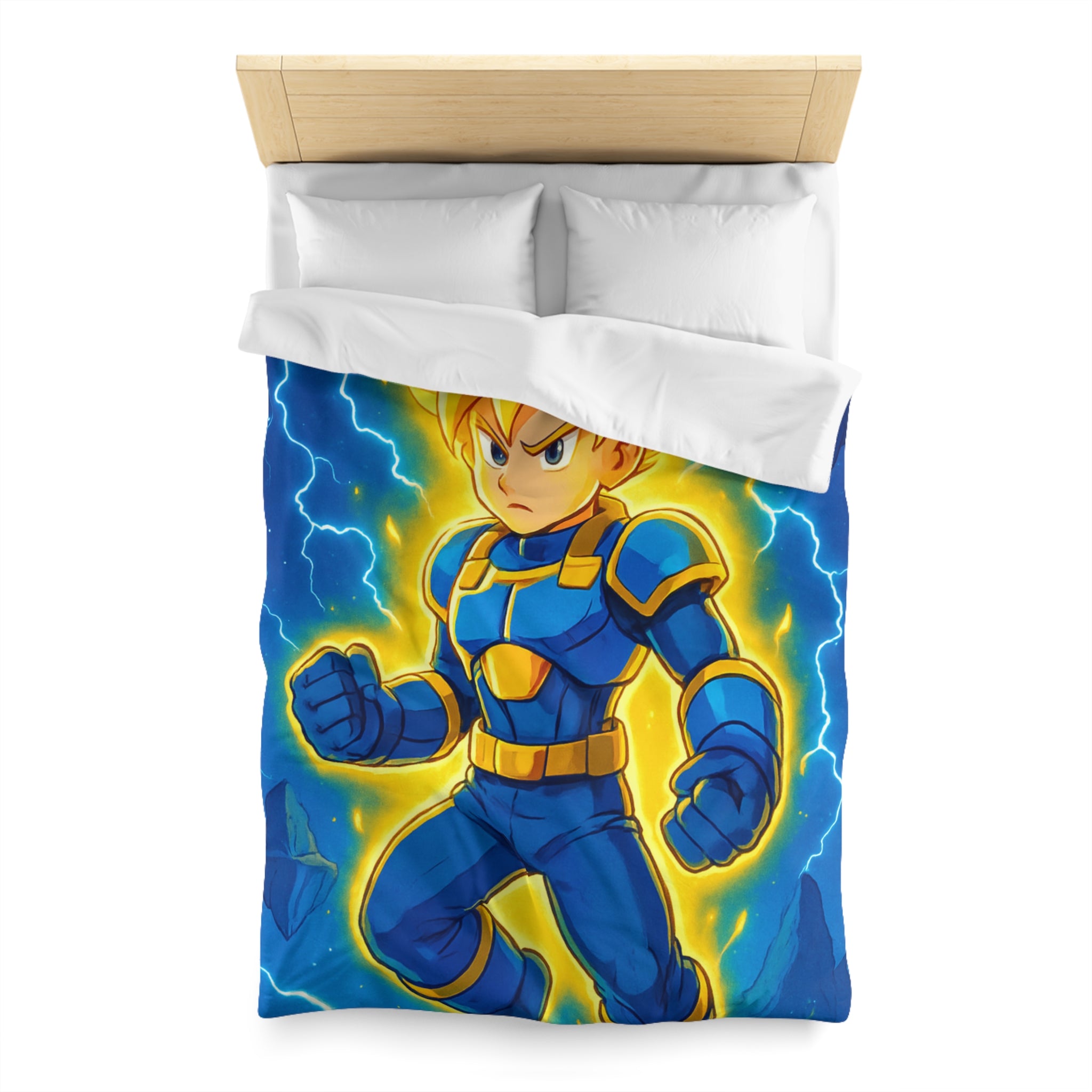 Housse de couette vibrante avec héros en armure bleue et rayons lumineux intenses