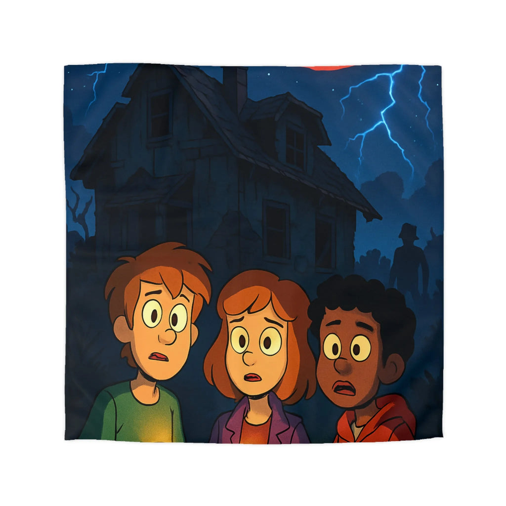 Housse de couette aventure mystérieuse, enfants explorant maison hantée sous lune rouge intrigante
