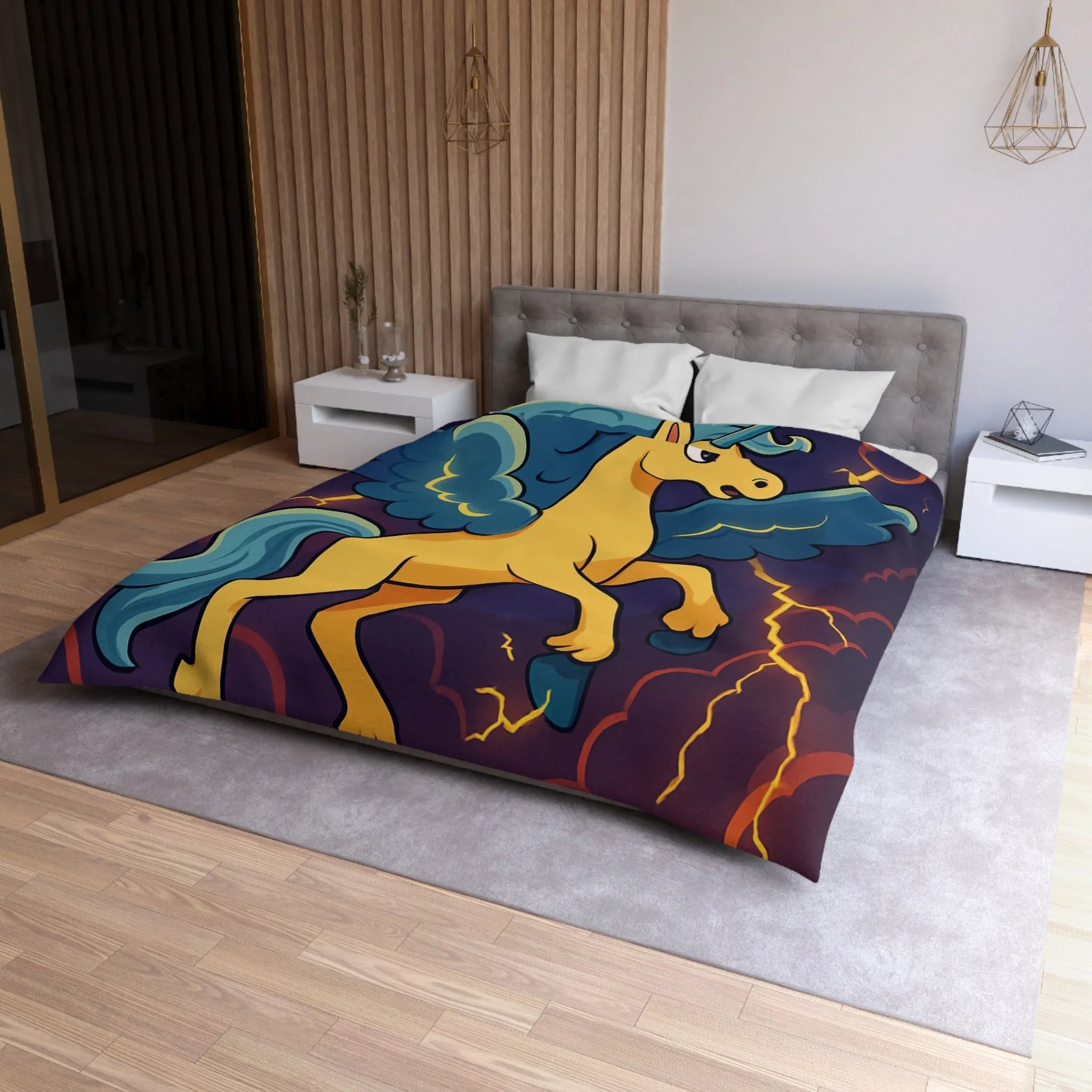 Housse de Couette Fantaisie Licorne Ailée avec Nuages Orageux et Éclairs Majestueux